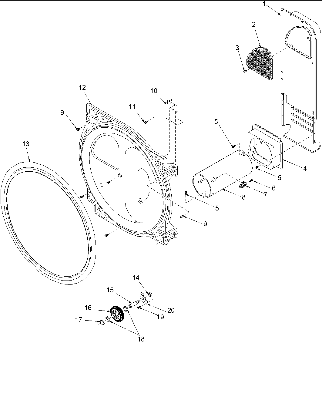 Amana LGD20AW-PLGD20AW rear bulkhead, rollers & air duct assy diagram