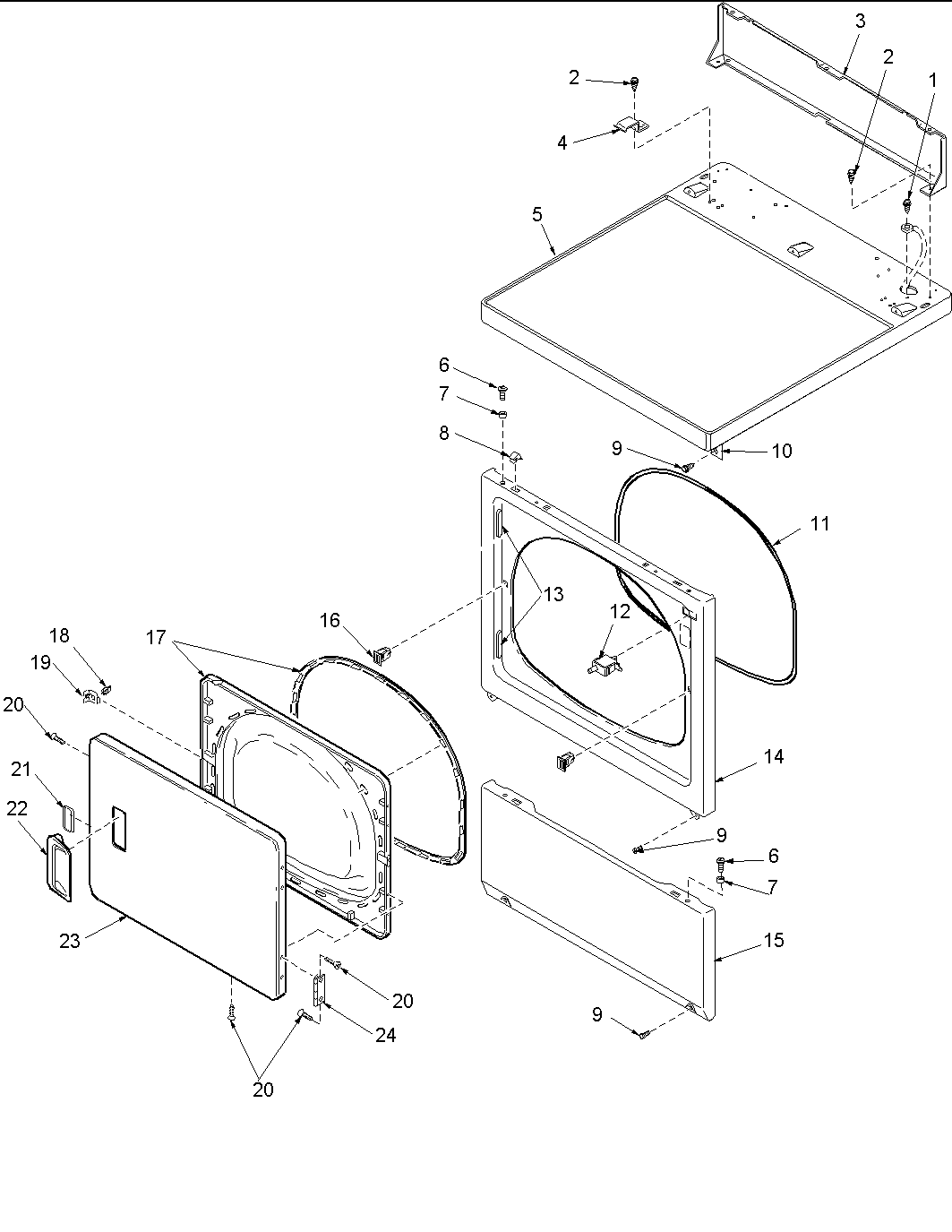 Amana ALE643RAC-PALE643RAC door and front, access, and top panel diagram