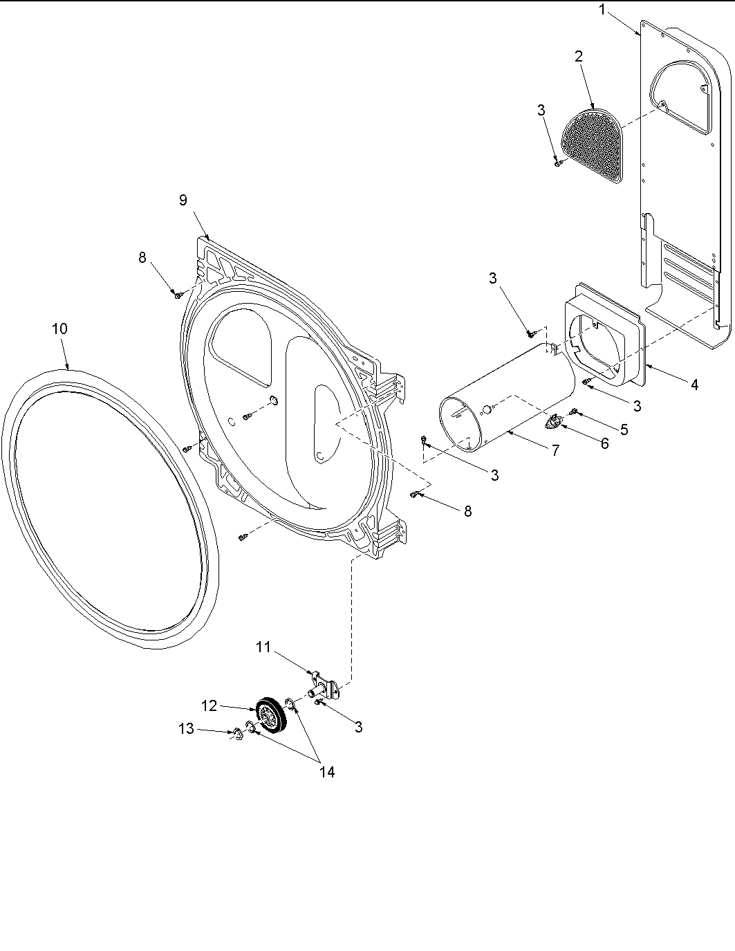 Amana ALG643RBC-PALG643RBC1 rear bulkhead, rollers & air duct assy diagram