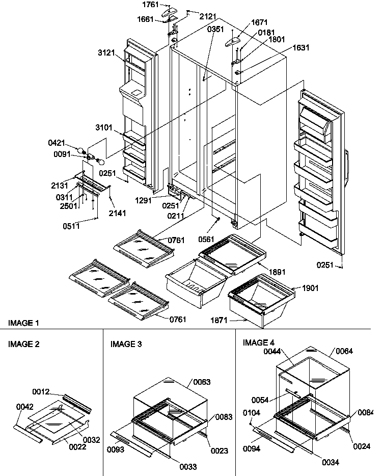 Amana SCD25TW-P1190422WW ref/fz shelves, lights, and hinges diagram