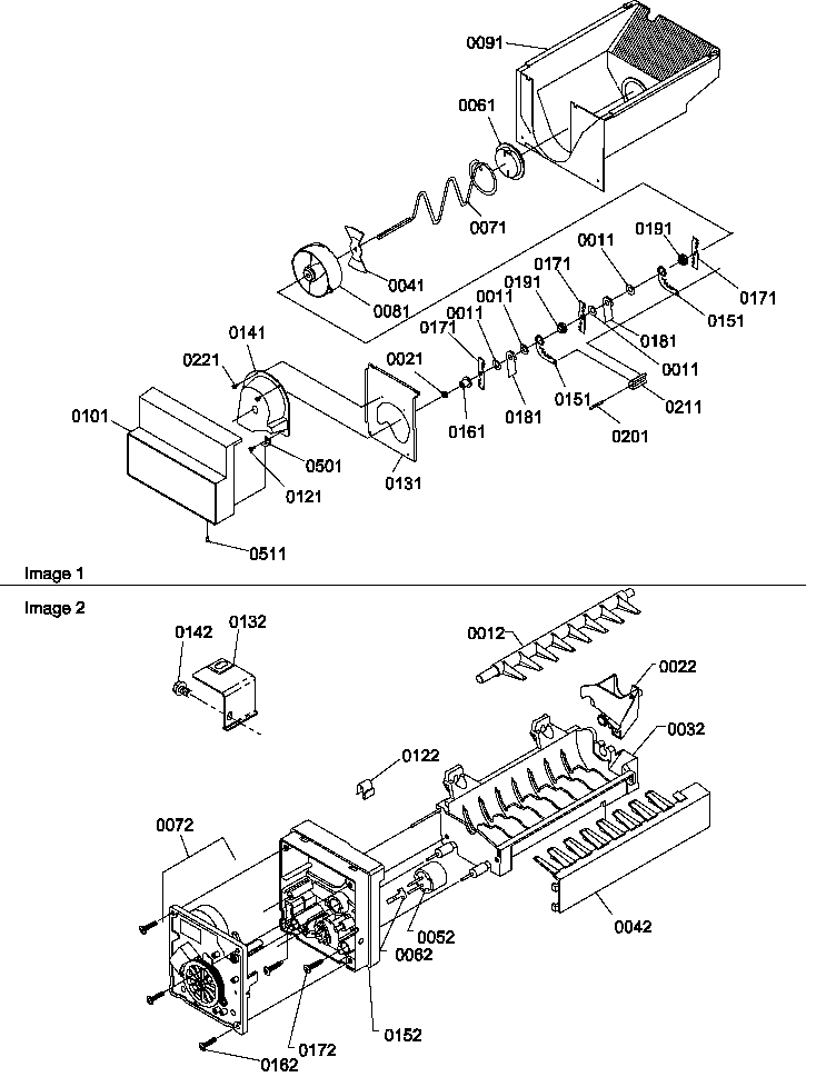 Amana SCD25TW-P1190422WW ice bucket auger and ice maker parts diagram