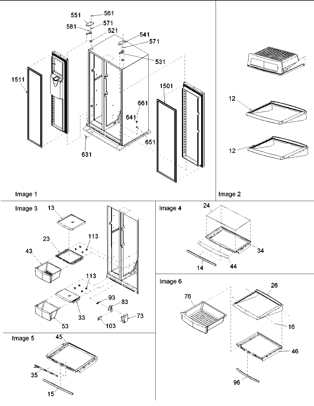 Amana ARS2464BB-PARS2464BB0 hinges, & refrigerator shelving diagram