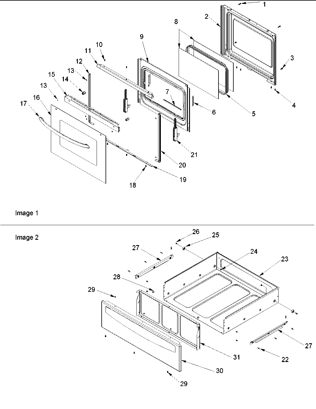 Amana DCF4205AC-PDCF4205AC0 oven door and storage drawer diagram