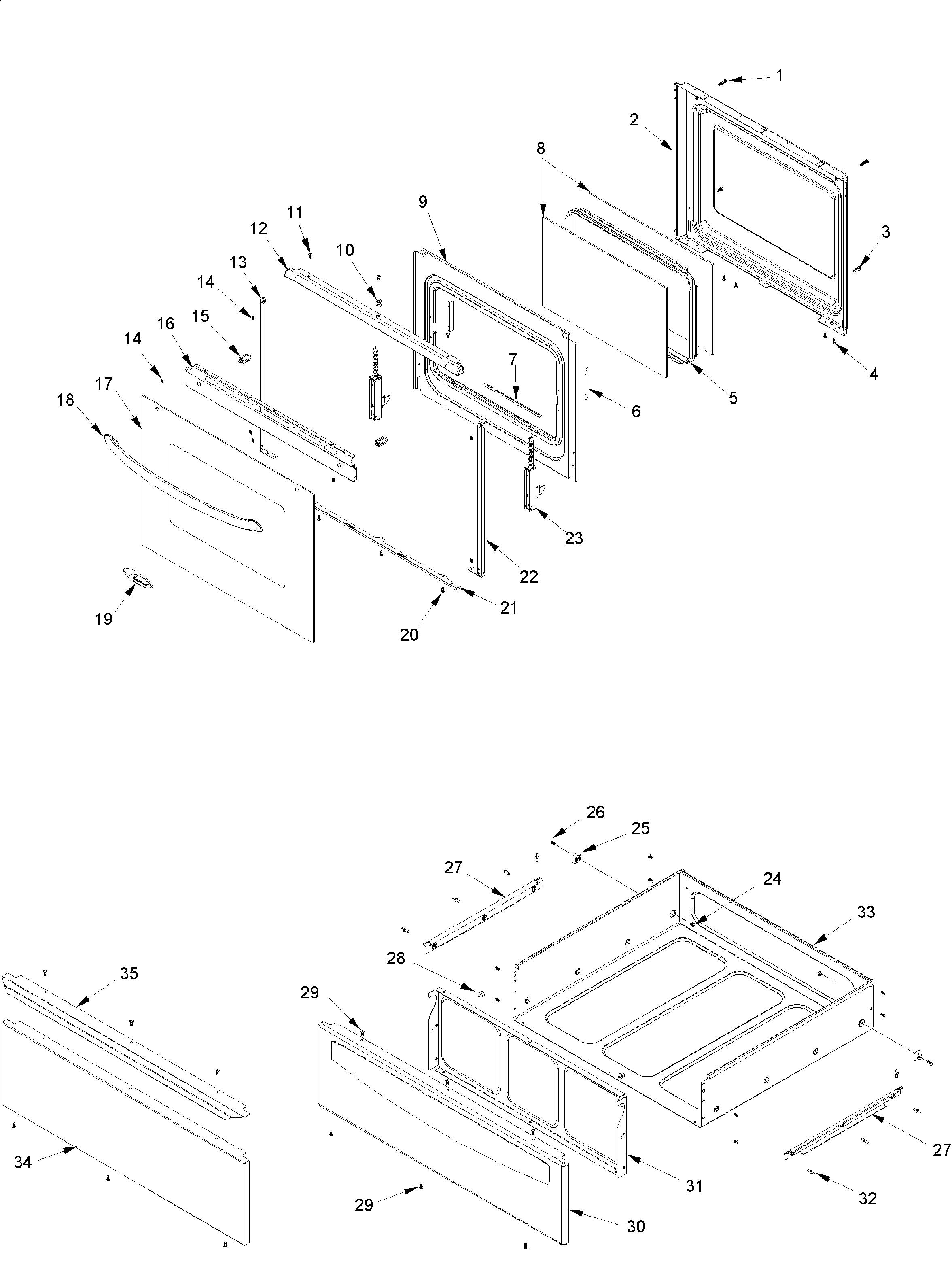 Amana ACF422GAB-PACF422GAB1 oven door and storage drawer diagram
