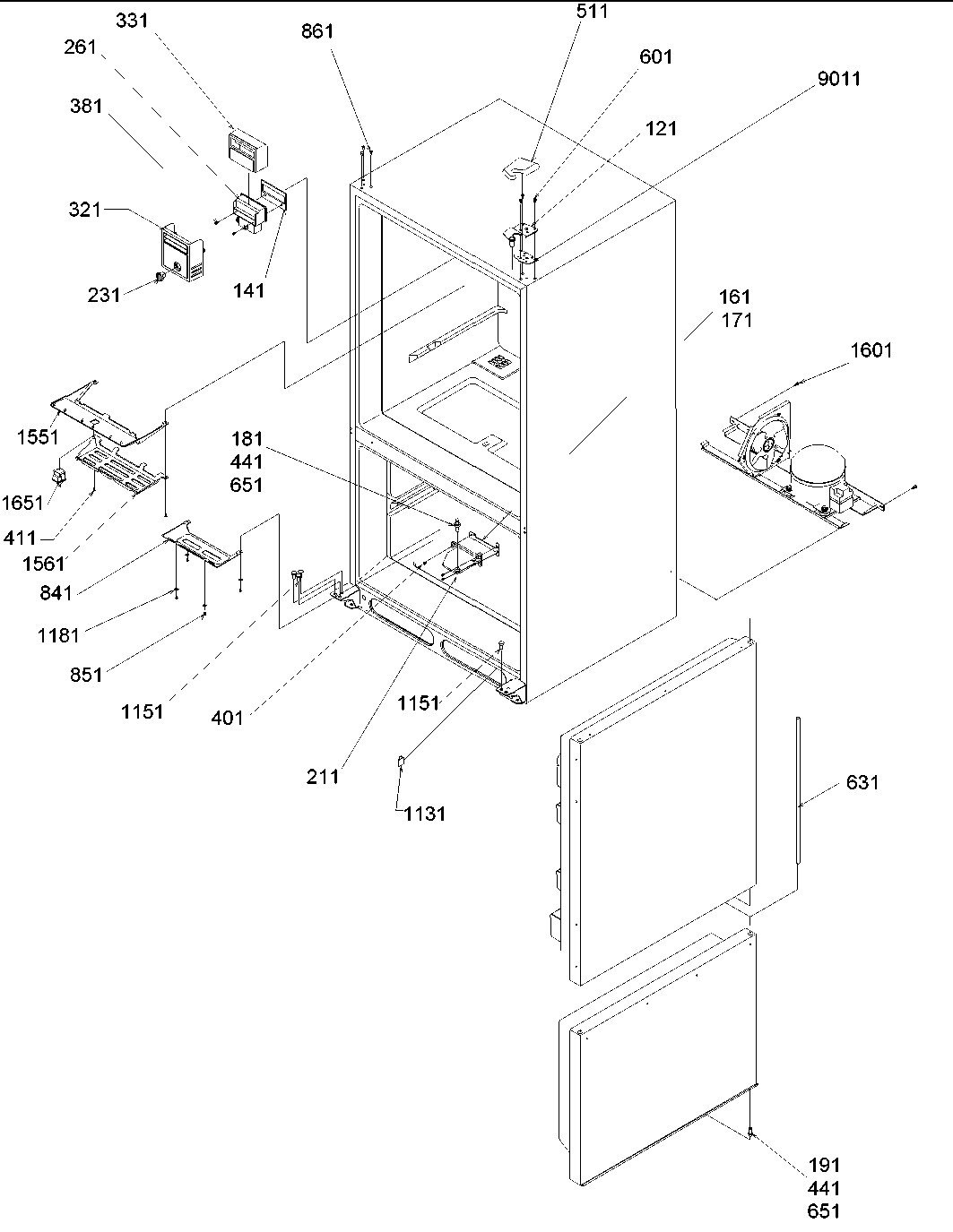 Amana BRF20V1CPSR-P1321316WS control, hinges & shields diagram