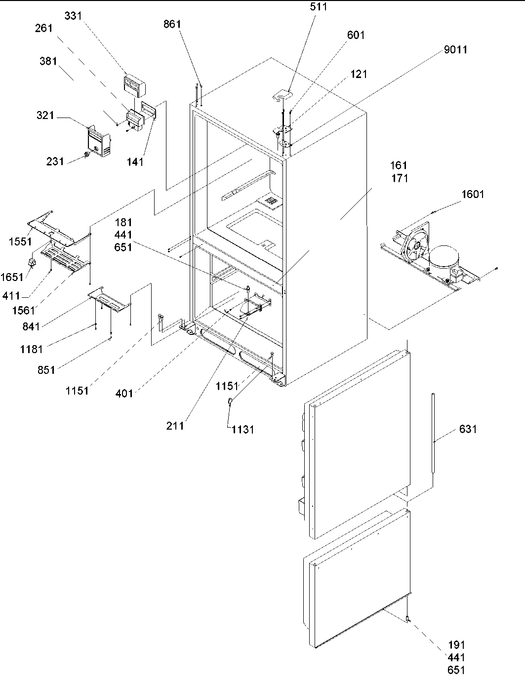 Amana BRF20V1E-P1321313WB control, hinges & shields diagram