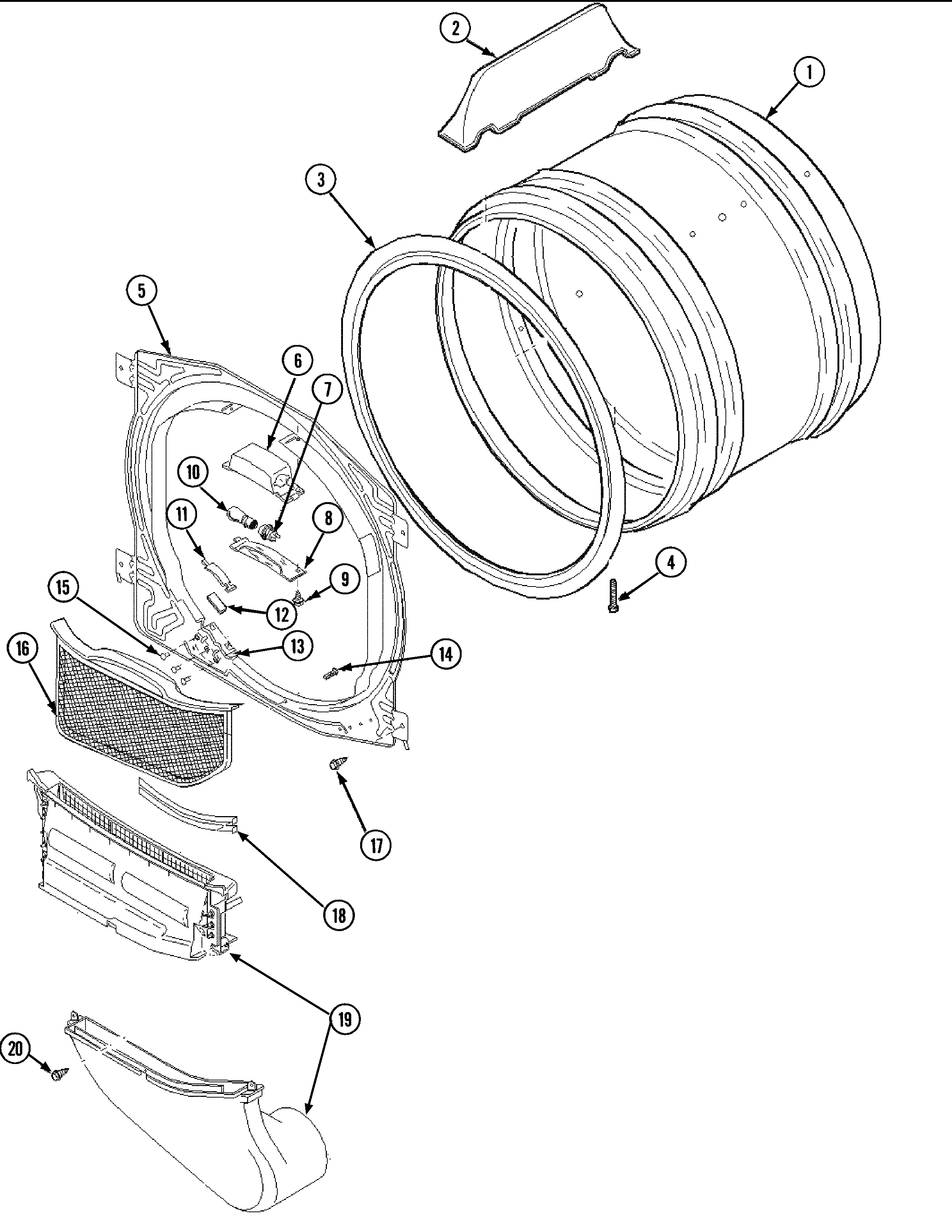 Amana ALE866SBC front bulkhead, air duct & drum diagram