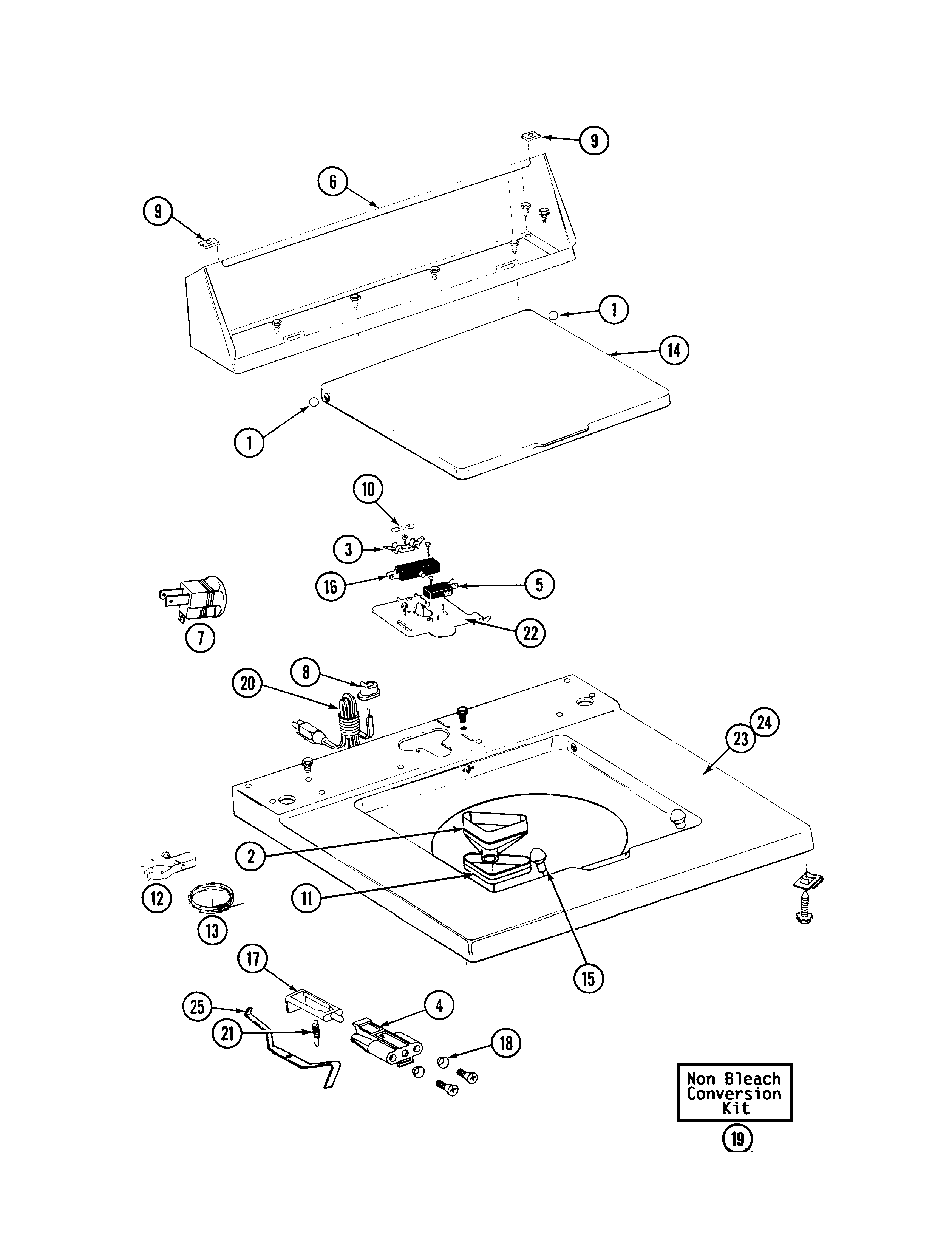 Maytag A7500W top cover, console & lid switch diagram