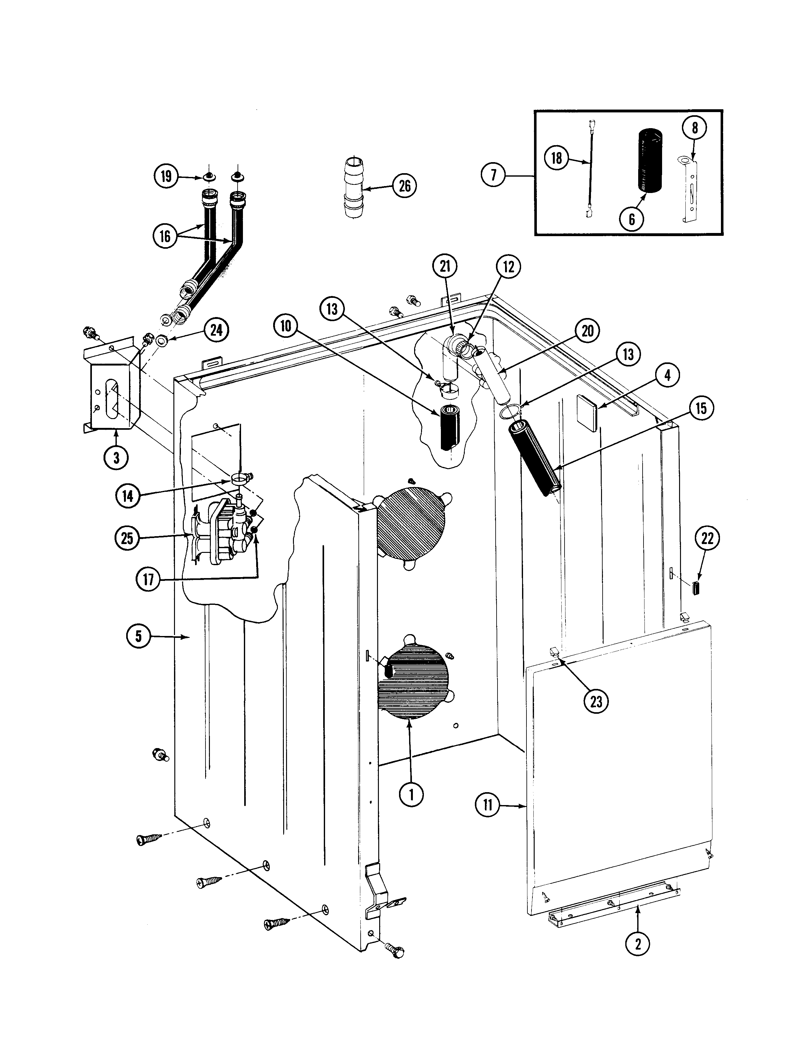 Maytag A7500W cabinet, water valve, hoses & frnt panel diagram