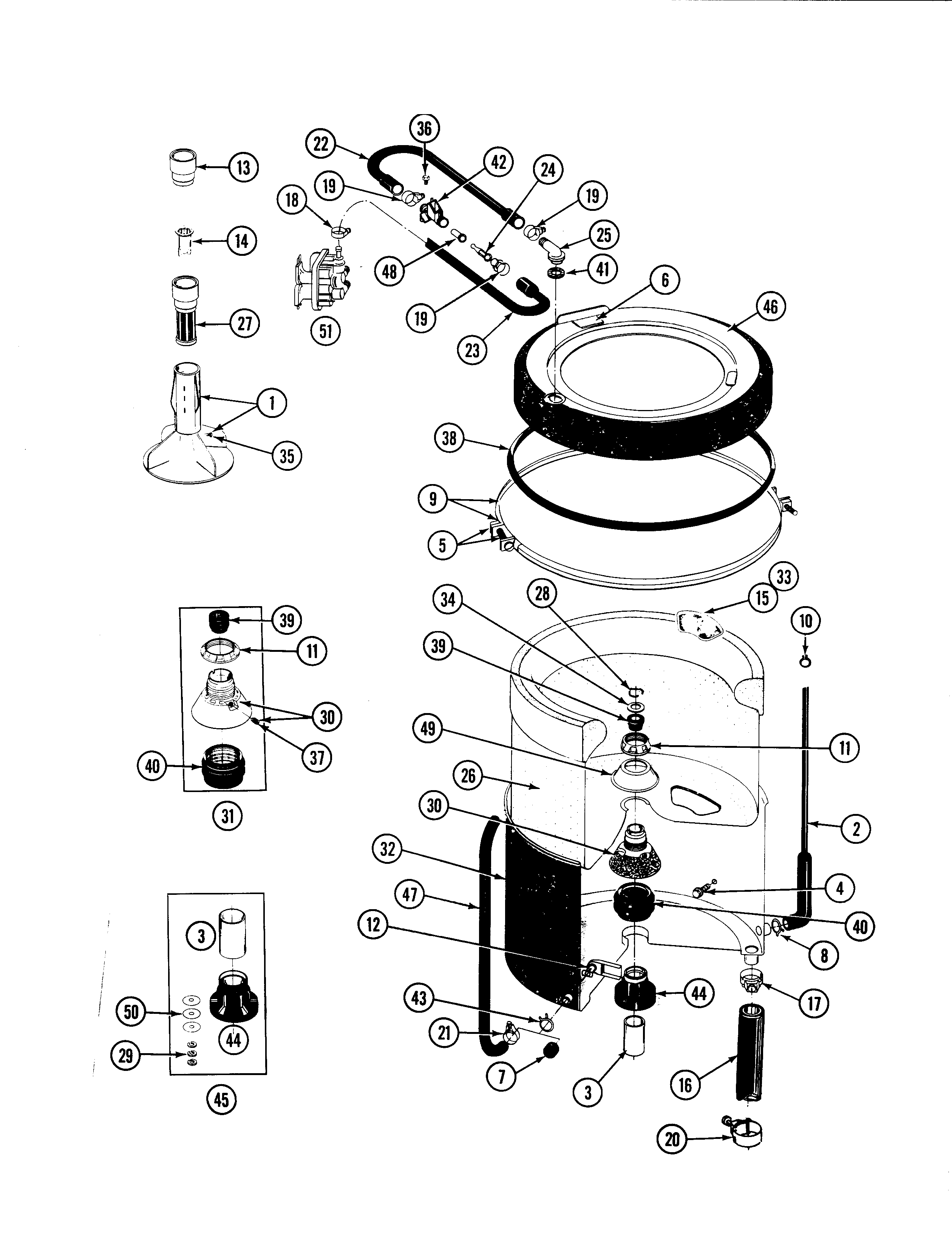 Maytag A7500W tub, agitator, mounting stem & seal diagram