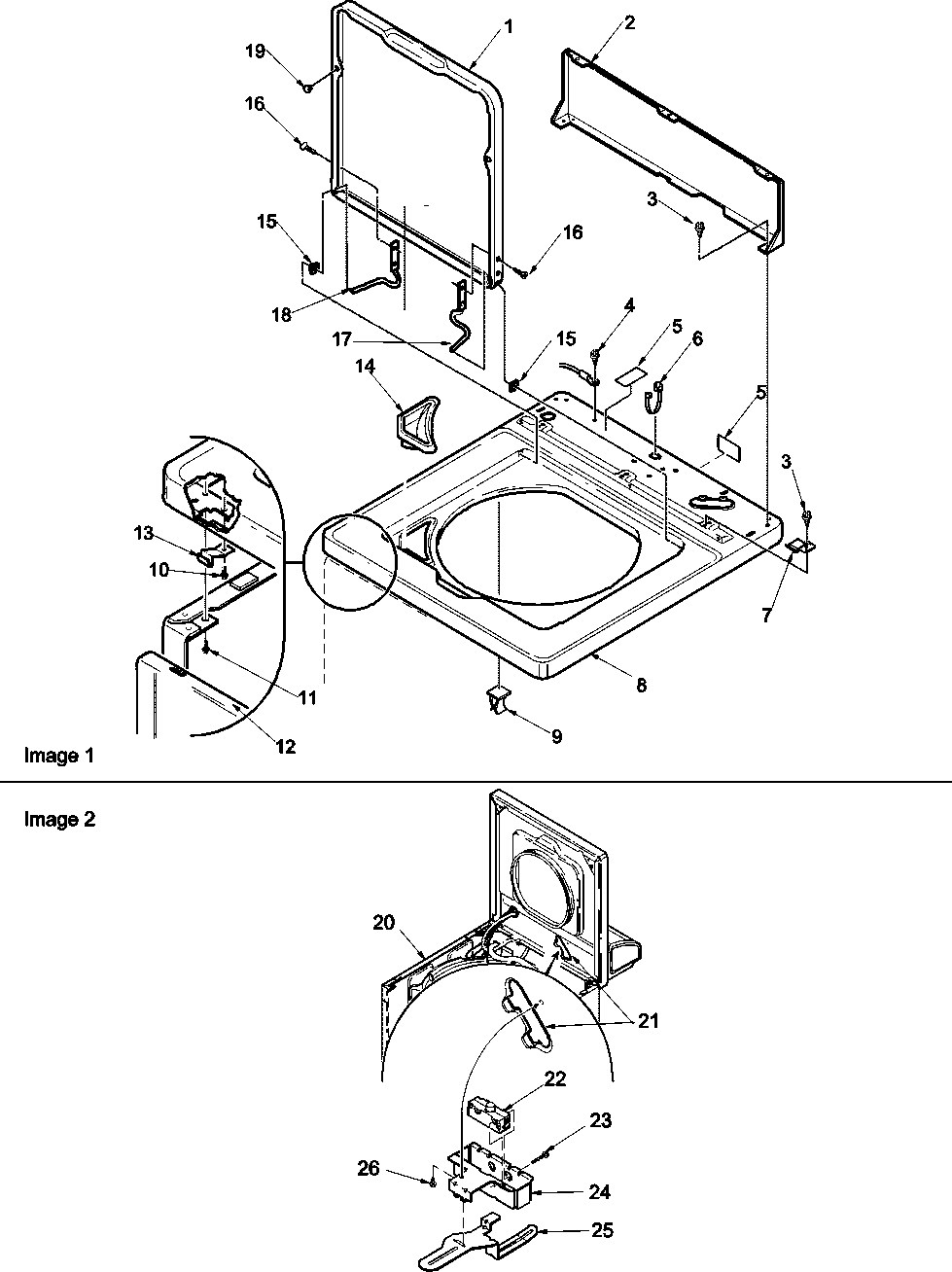 Amana LWC05AW-PLWC05AW cabinet top, door, and door switch diagram