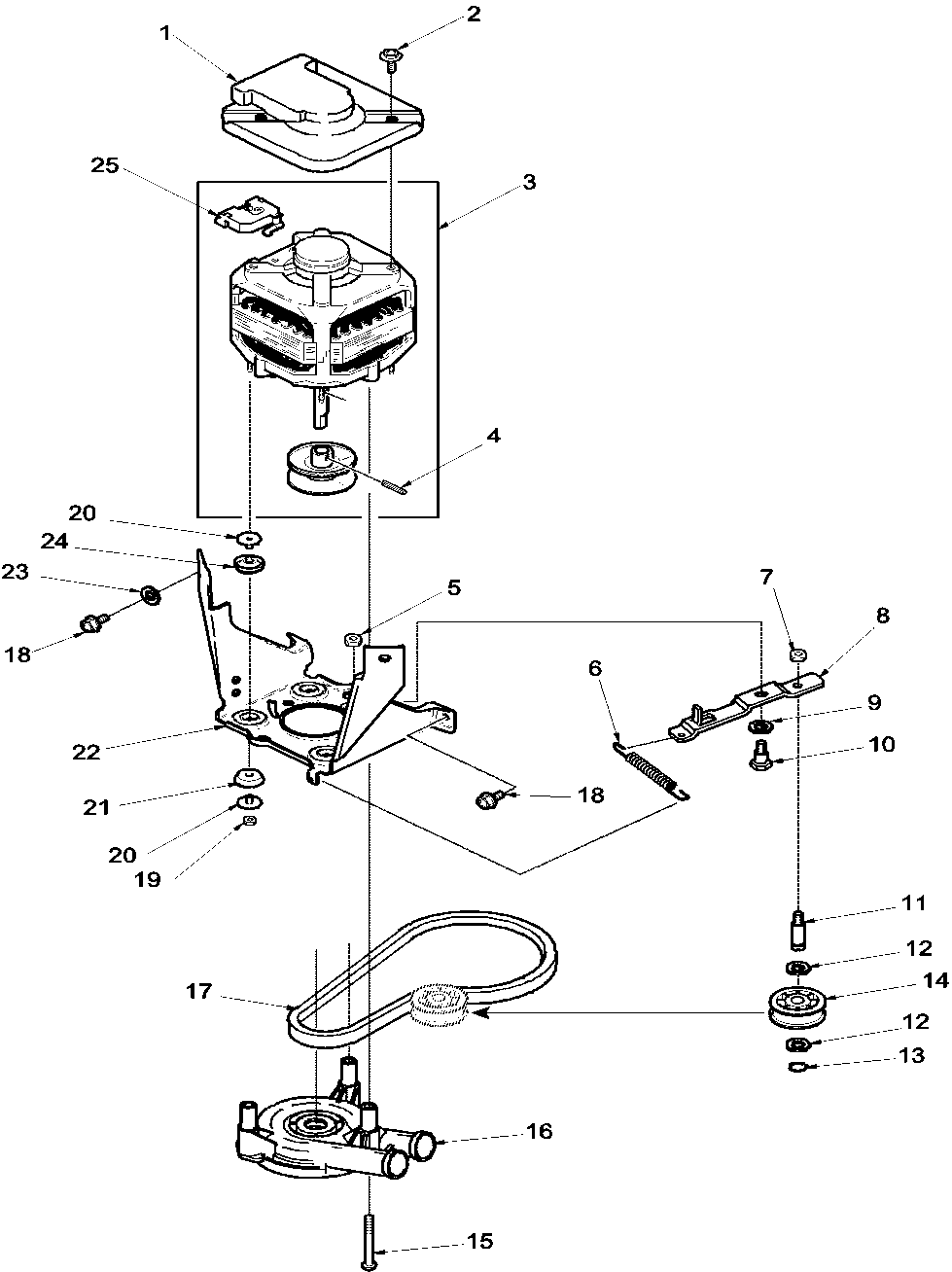 Amana LWC05AW-PLWC05AW motor, belt, pump, and idler assy diagram