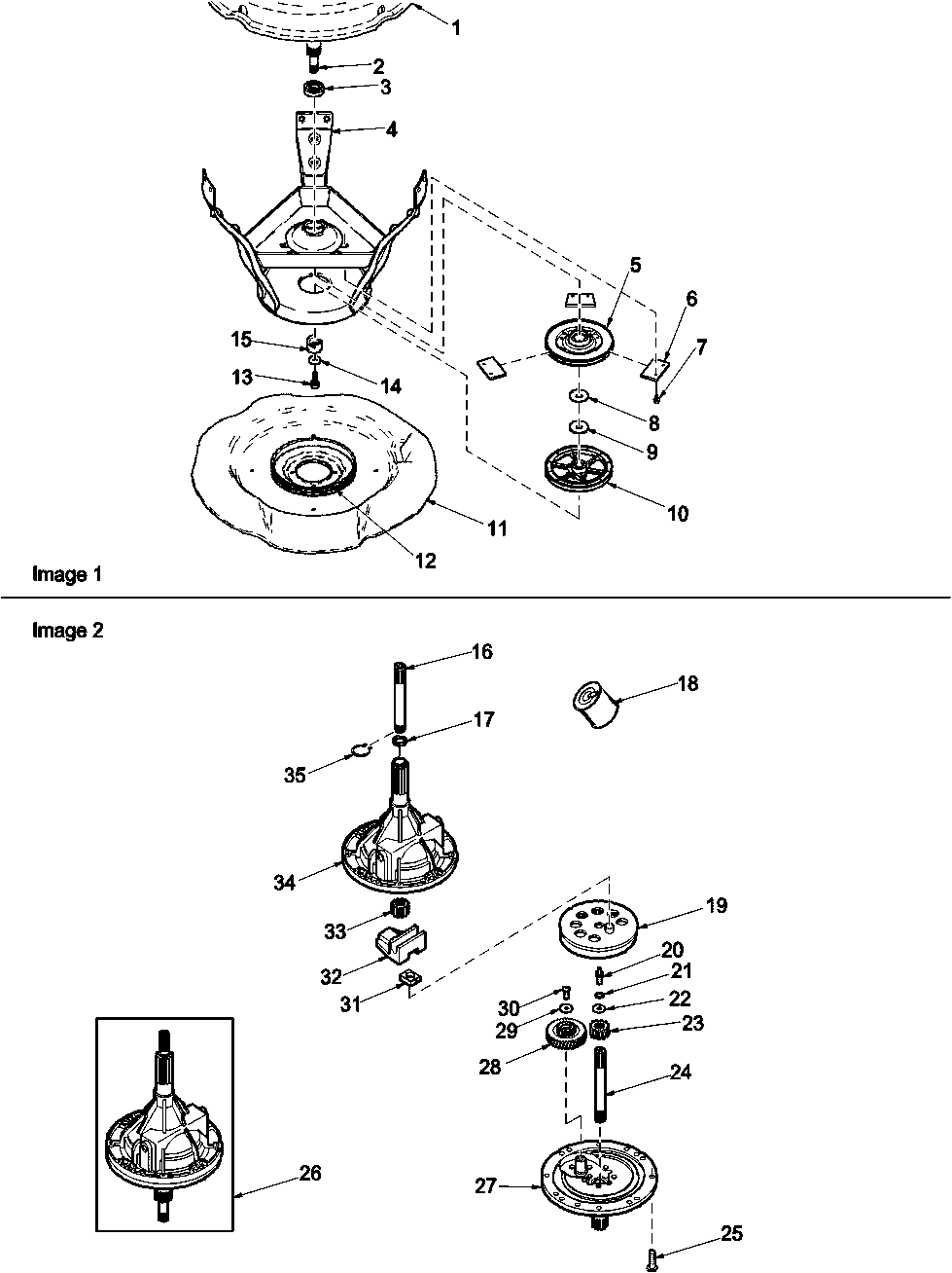 Amana LWC05AW-PLWC05AW bearing assy and transmission assy diagram