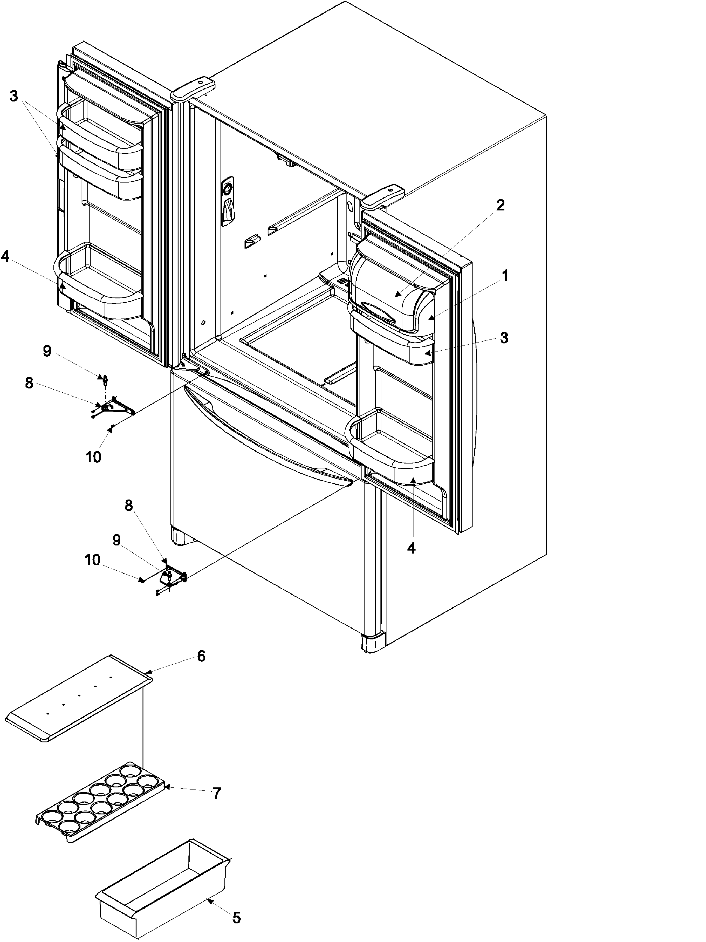 Kenmore Elite 59673503202 ref dr storage & center hinges diagram