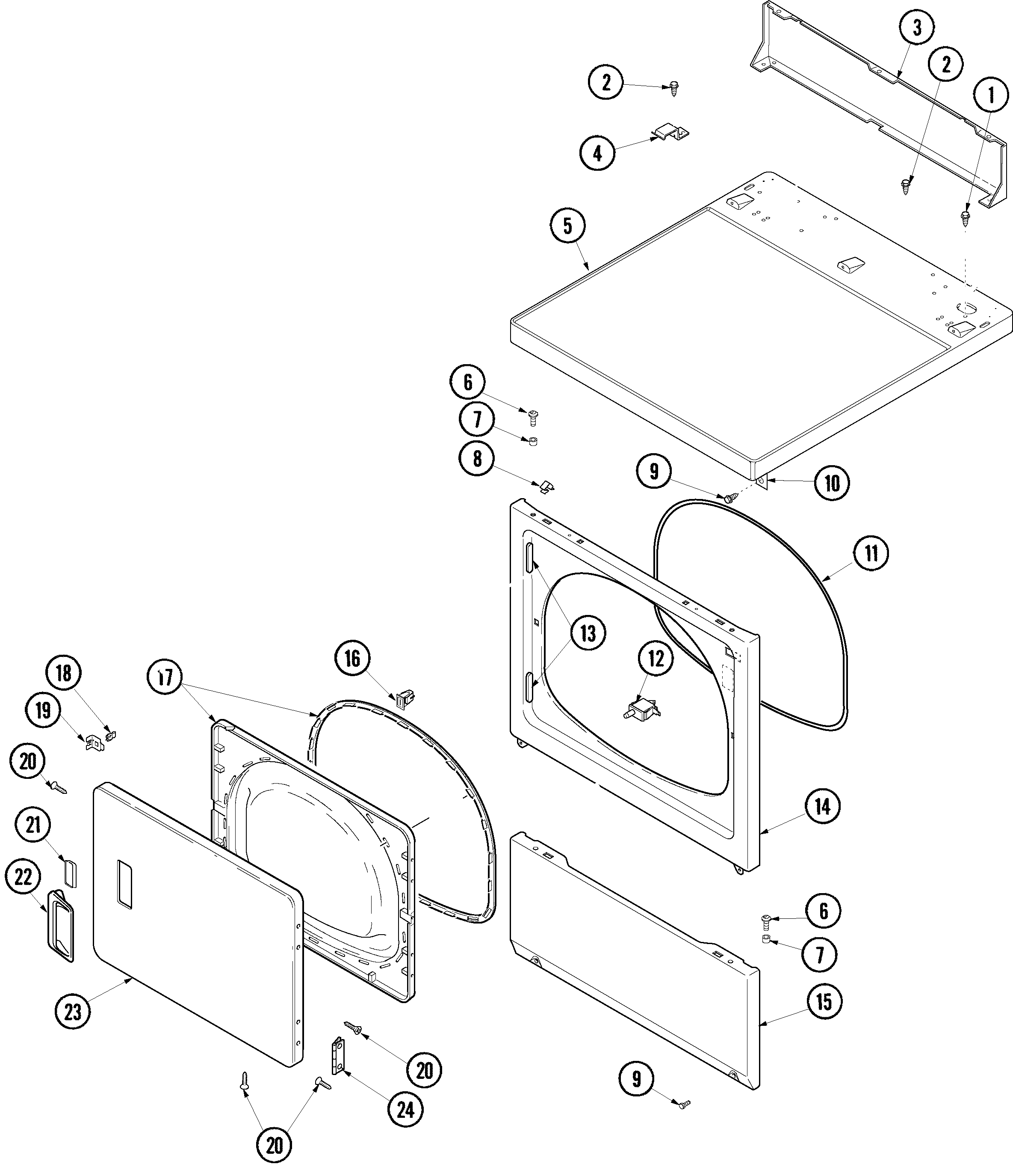 Amana ALG643RBC door, front, access and top panels diagram