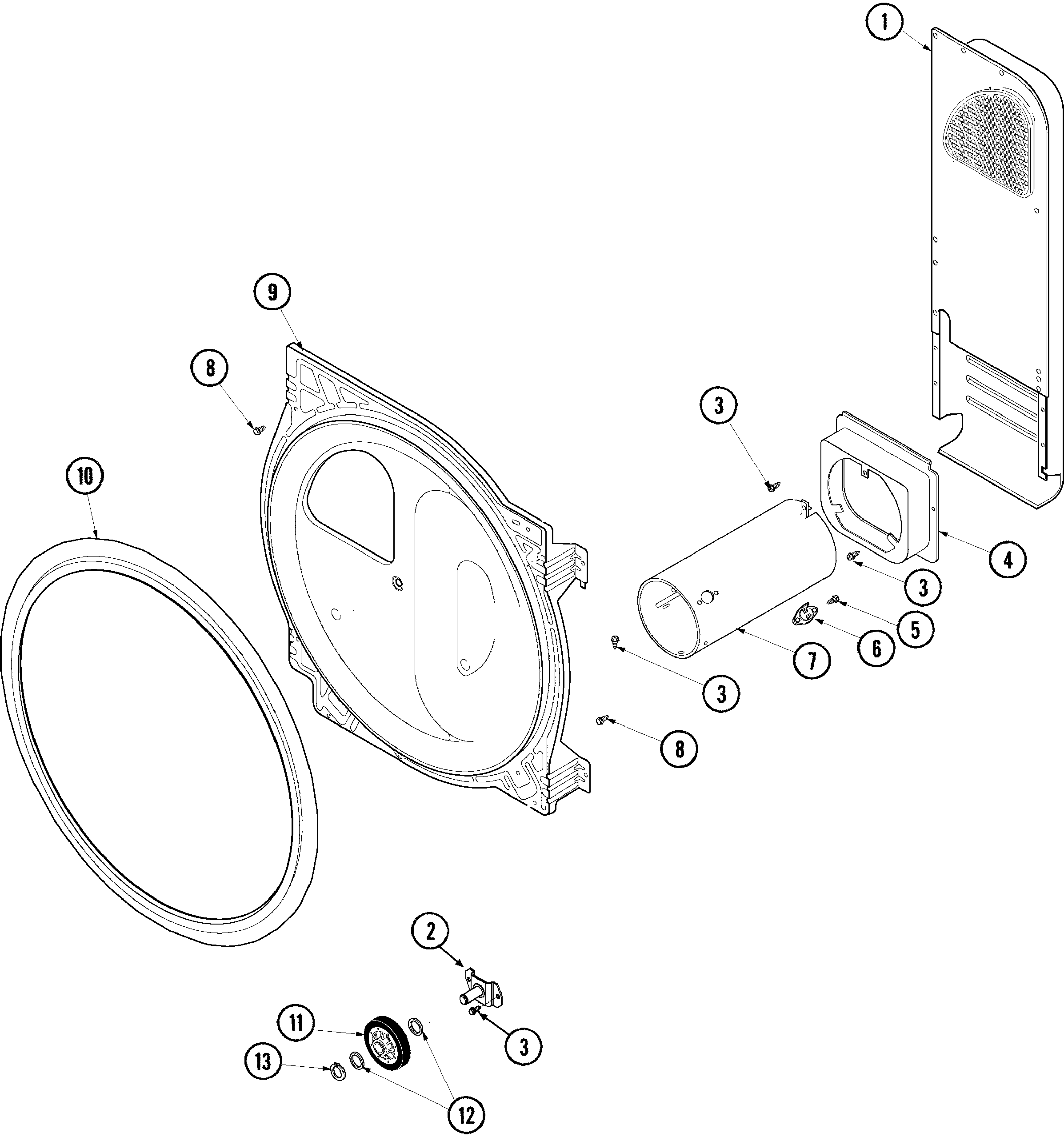 Amana ALG643RBC rear bulkhead, rollers, & air duct diagram