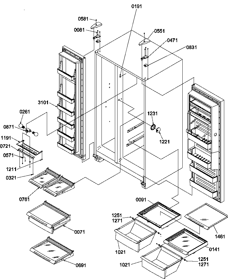 Amana SR25TW-P1194002WW ref/fz shelves, lights, and hinges diagram