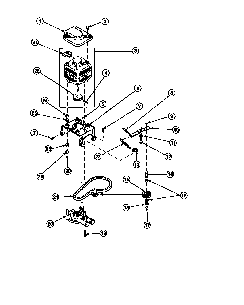 Amana LW8303W2-PLW8303W2 motor, mtg brkt, belt, pump & idler assy diagram