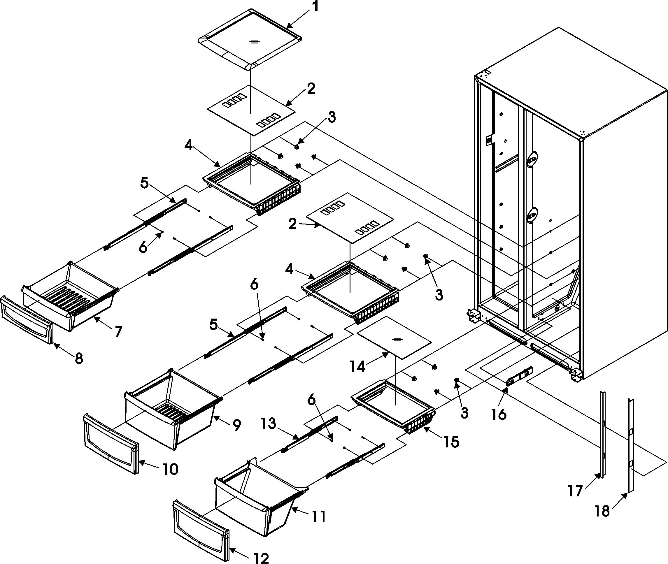 Jenn-Air JCB2282HTB deli and crisper assy diagram