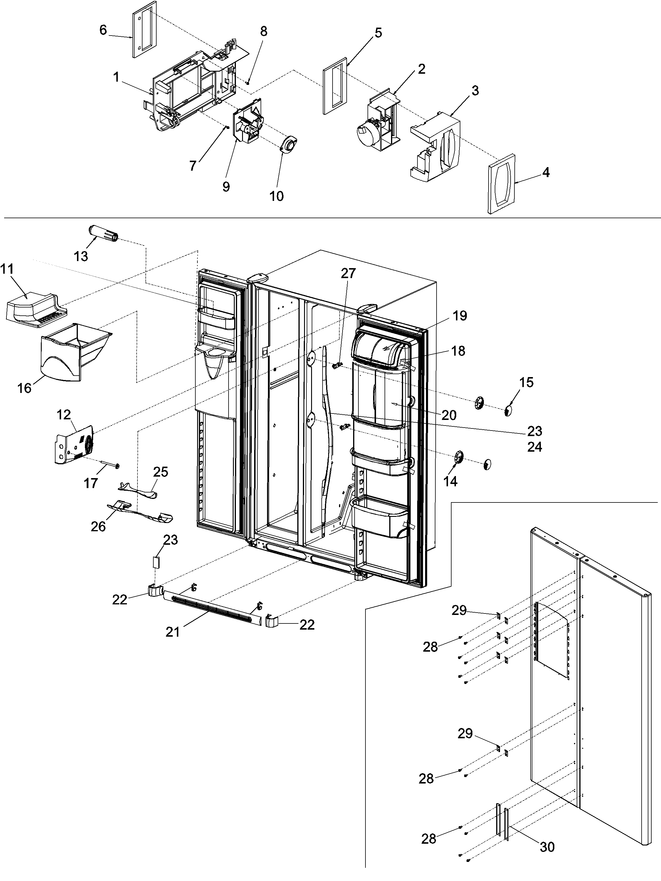 Kenmore 59650004100 controls, light shield & door handles diagram
