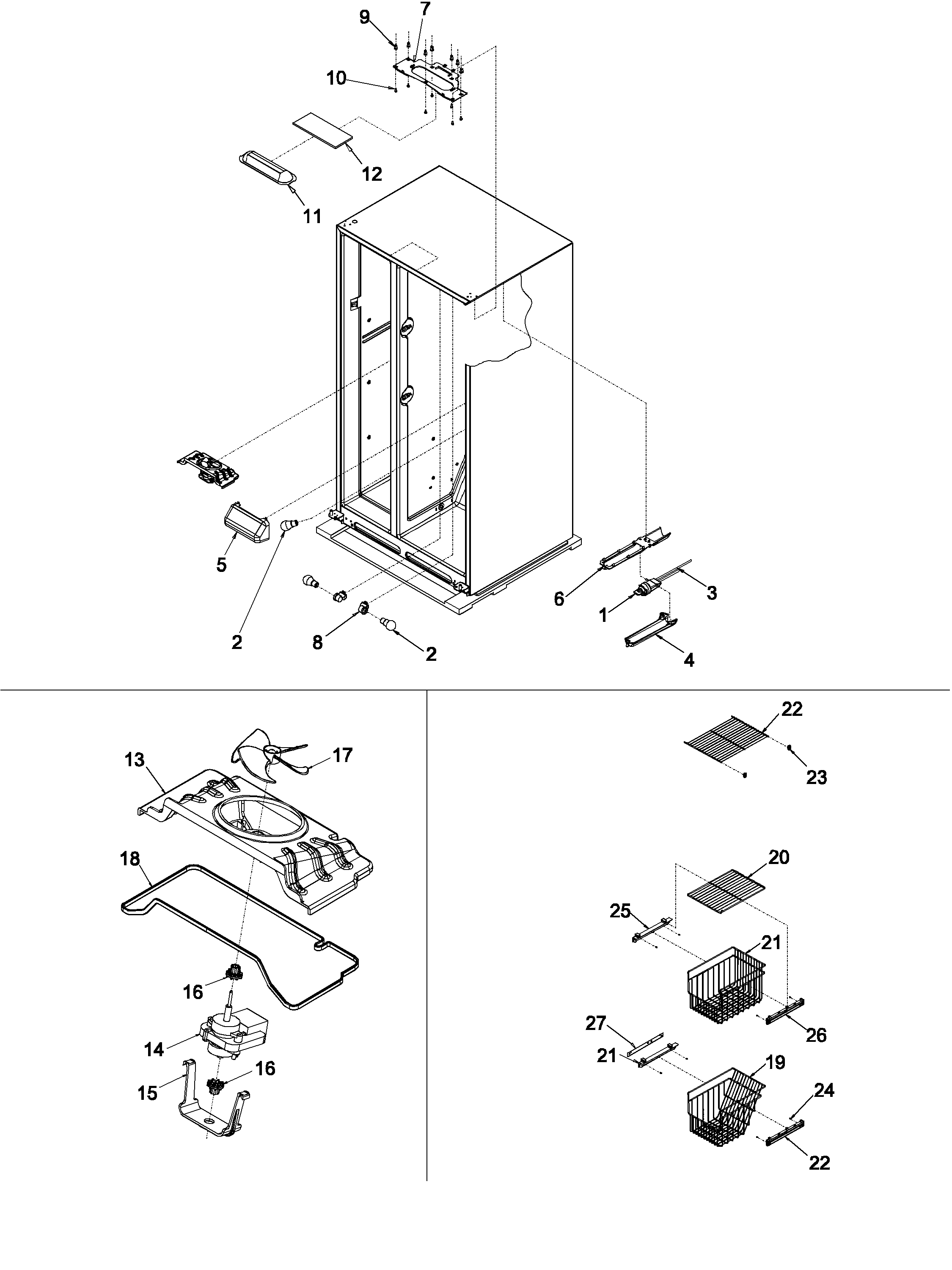 Kenmore 59650004100 fz shelving, filter & evap fan motor diagram