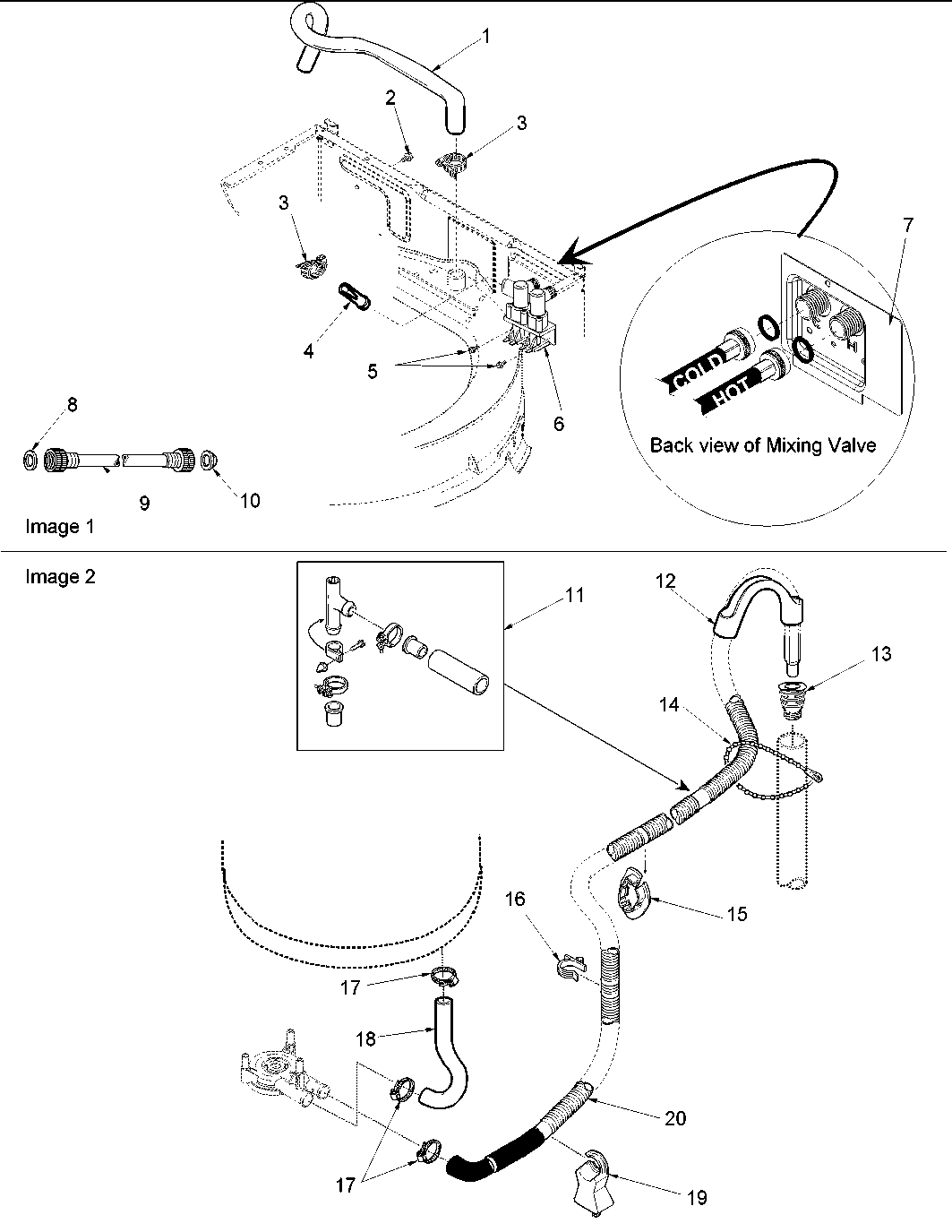Amana ALW540RMC-PALW540RMC1 mixing valve and hoses diagram
