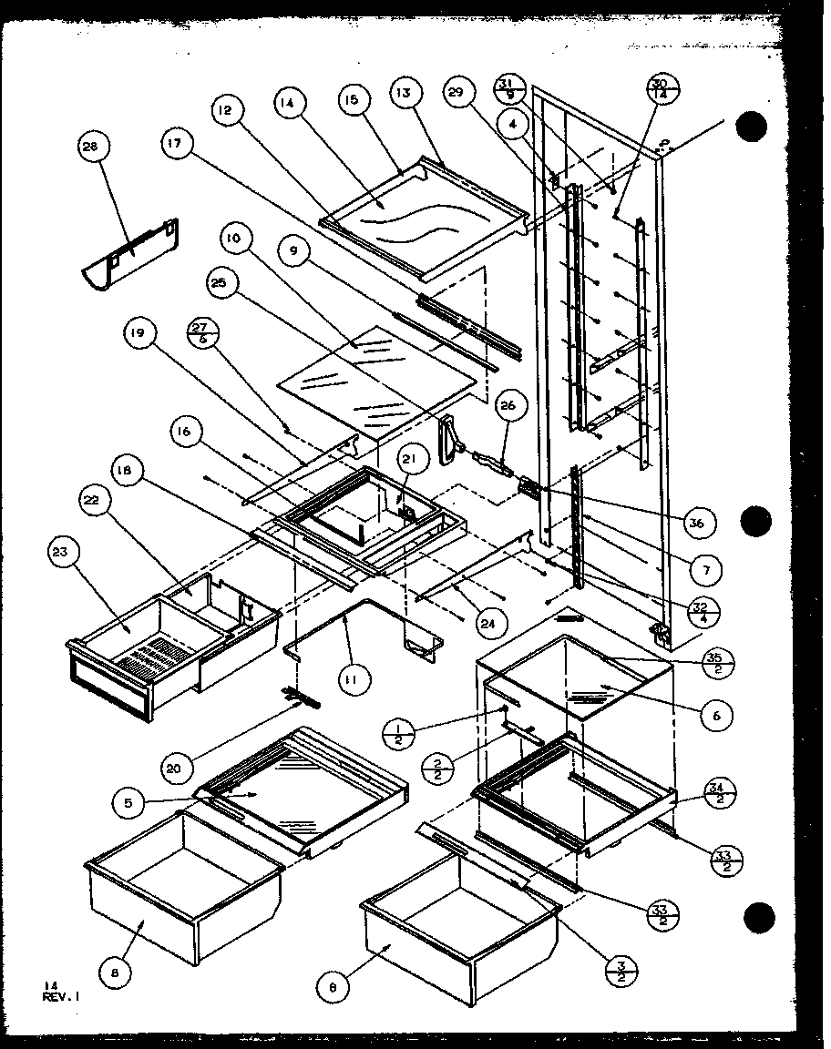 Amana 36538-P1121904WL ref shelving and drawers diagram