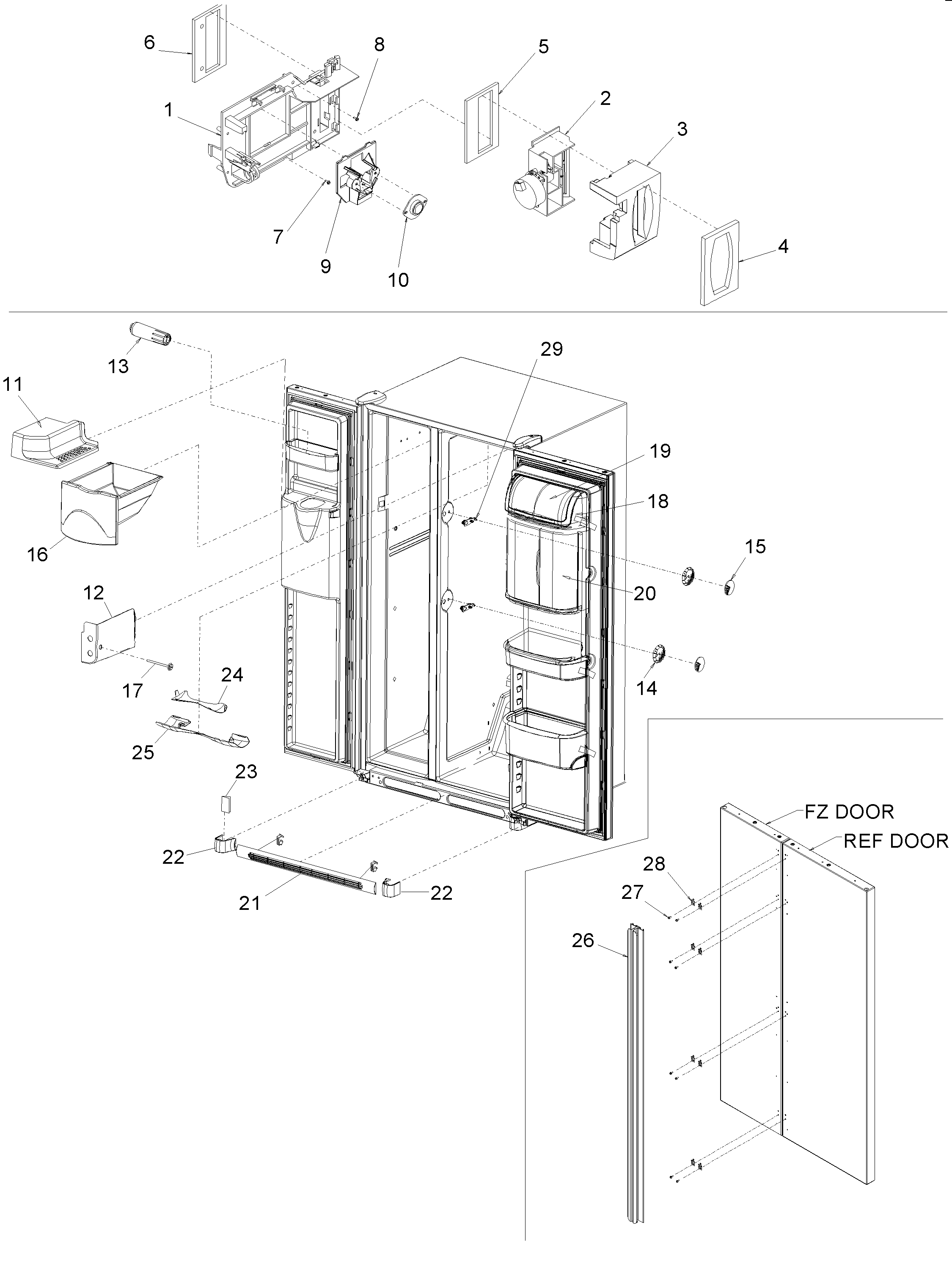 Kenmore 59650014100 controls, light shield & door handles diagram
