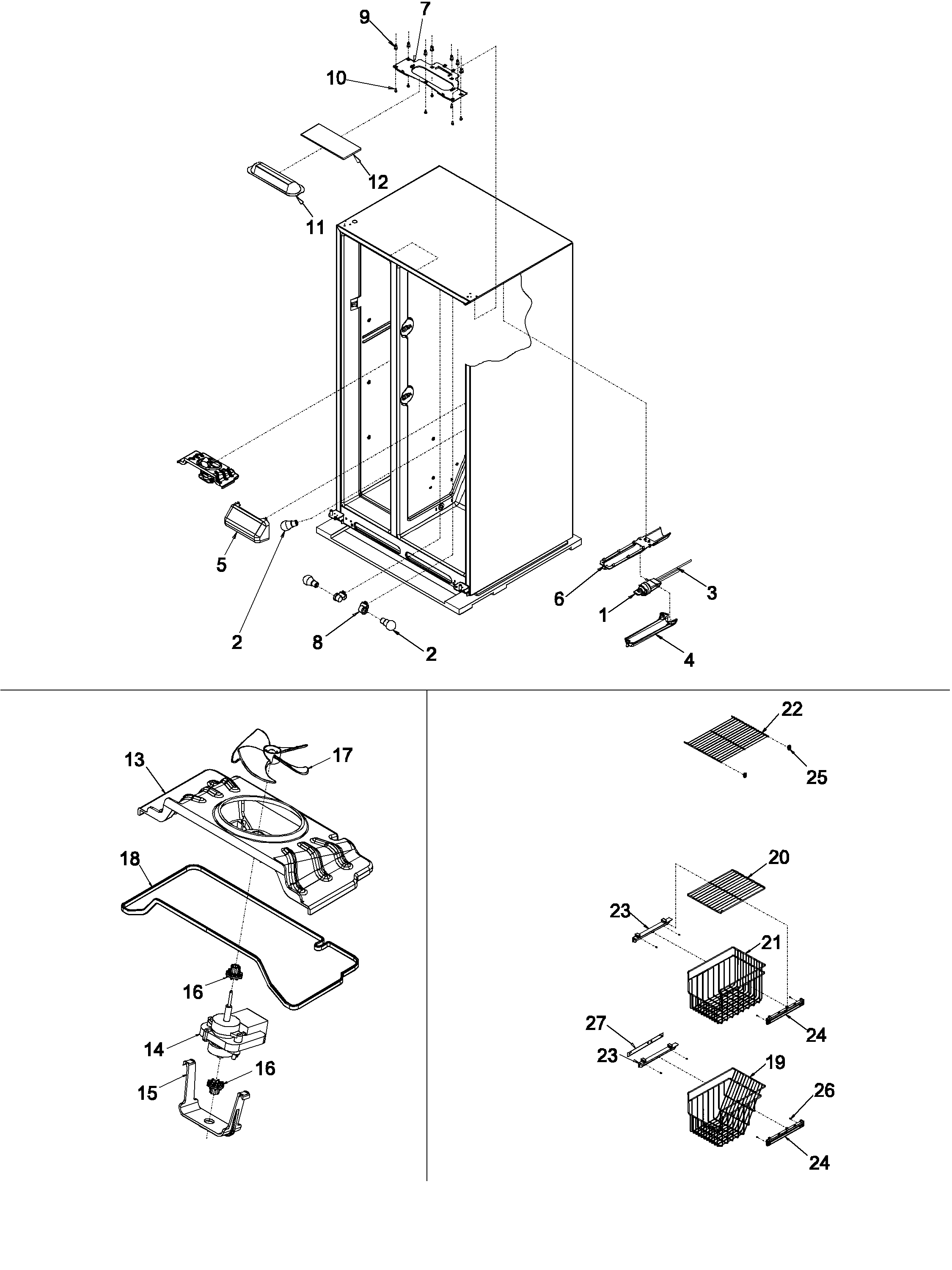 Kenmore 59650014100 fz shelving, filter & evap fan motor diagram