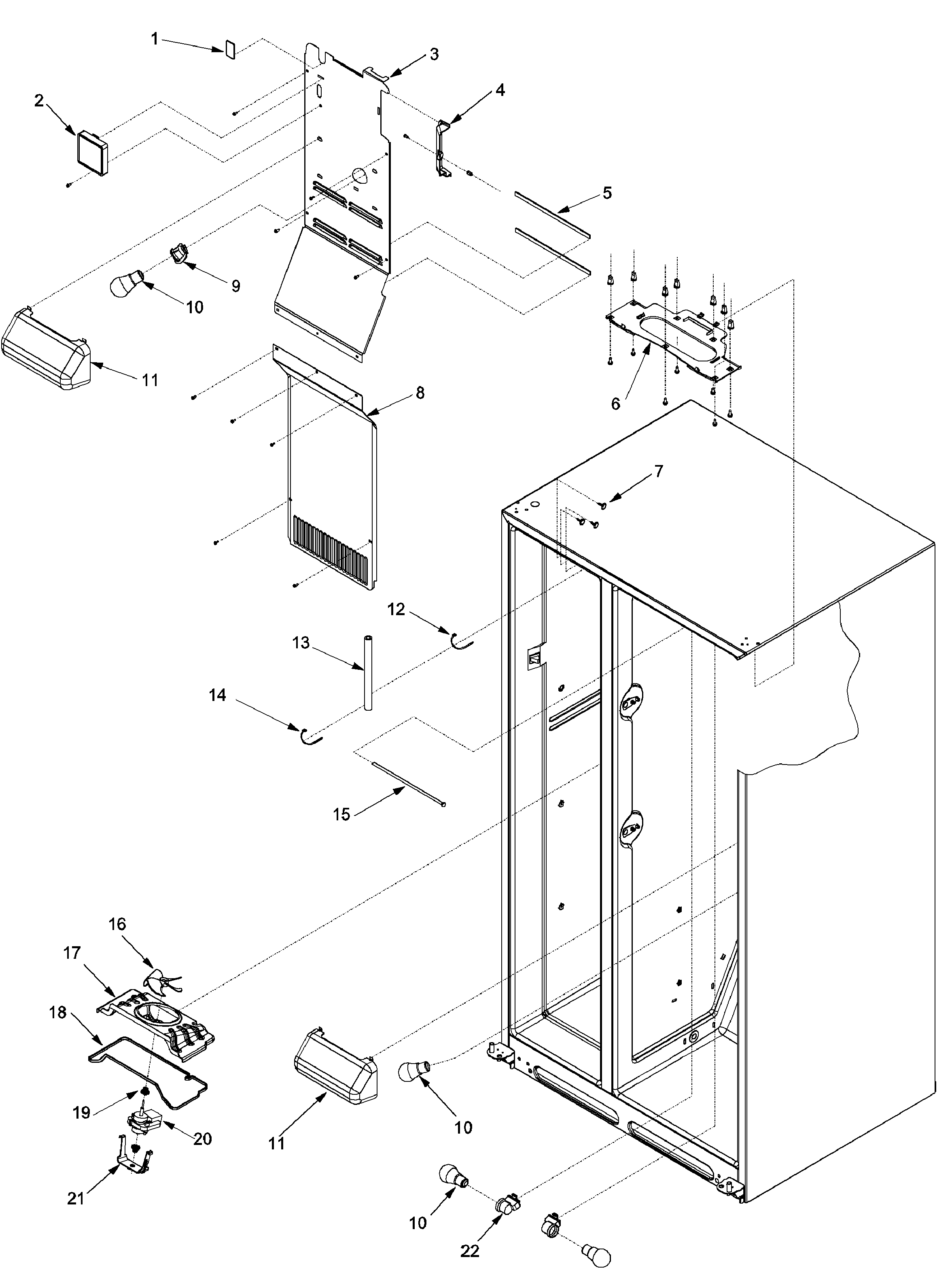 Amana XRSS204BW-PXRSS204BW0 evap fan assy and lights diagram