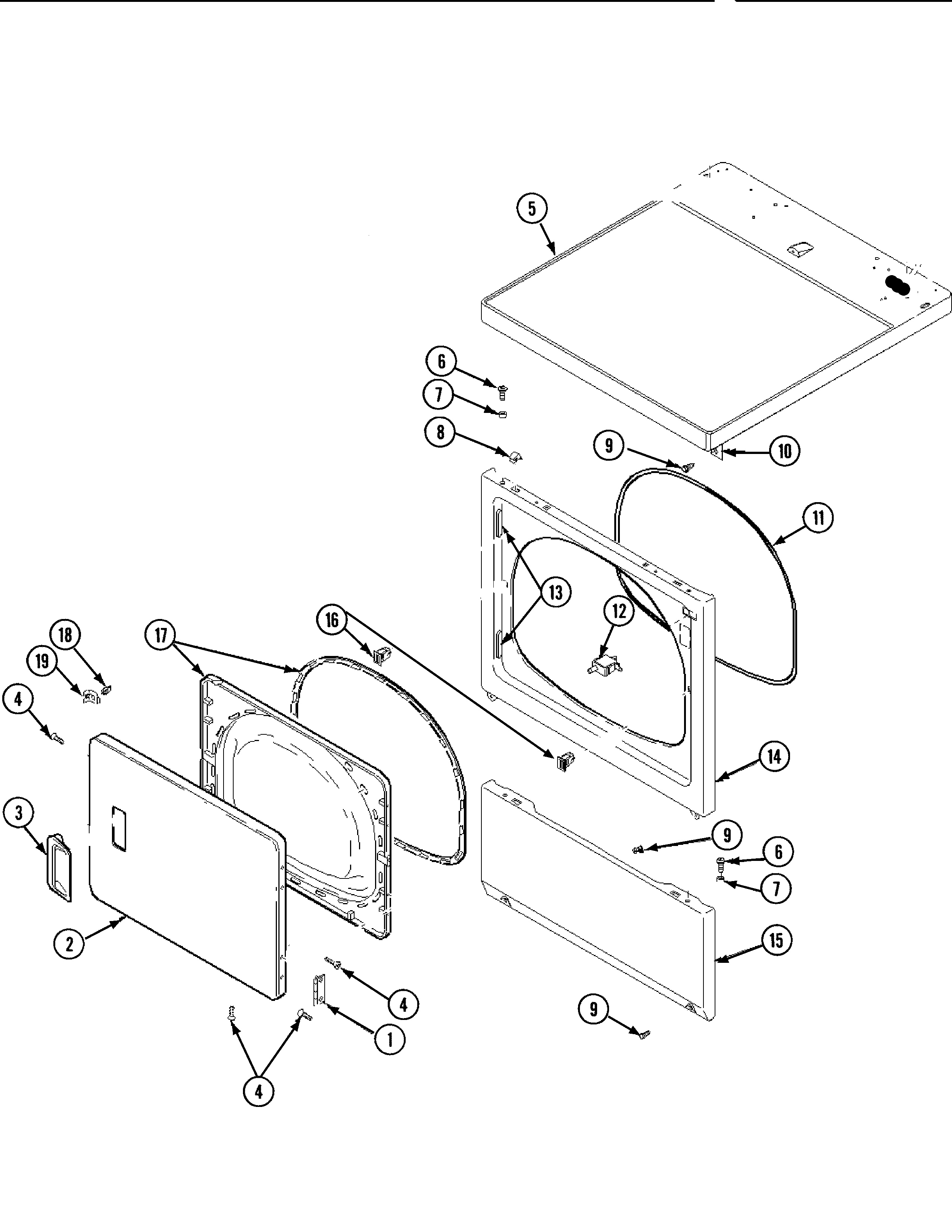 Maytag SDG5701AWW door & front, access & top panel diagram