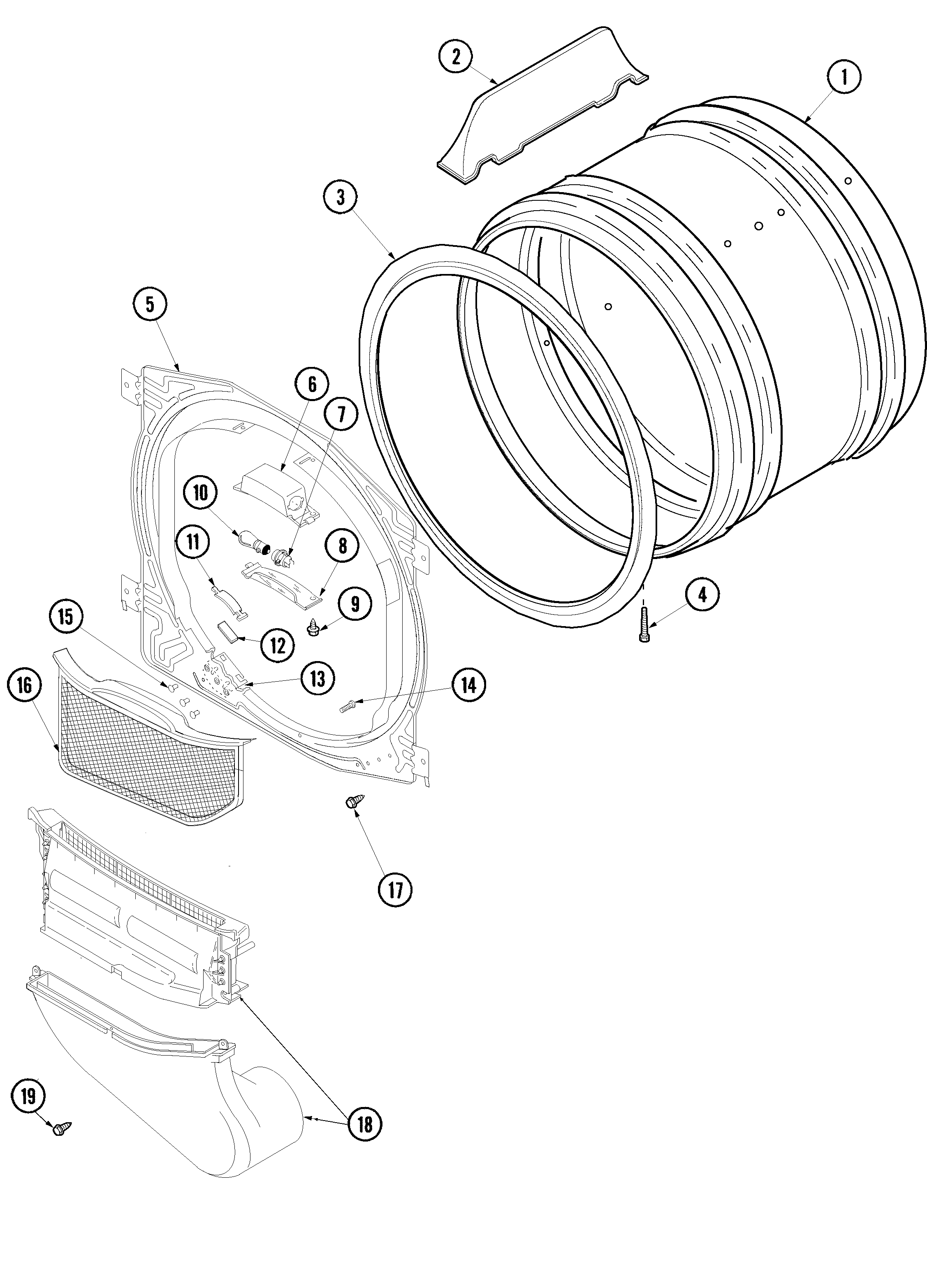 Amana ALG443RAC-PALG443RAC front bulkhead, air duct & drum diagram