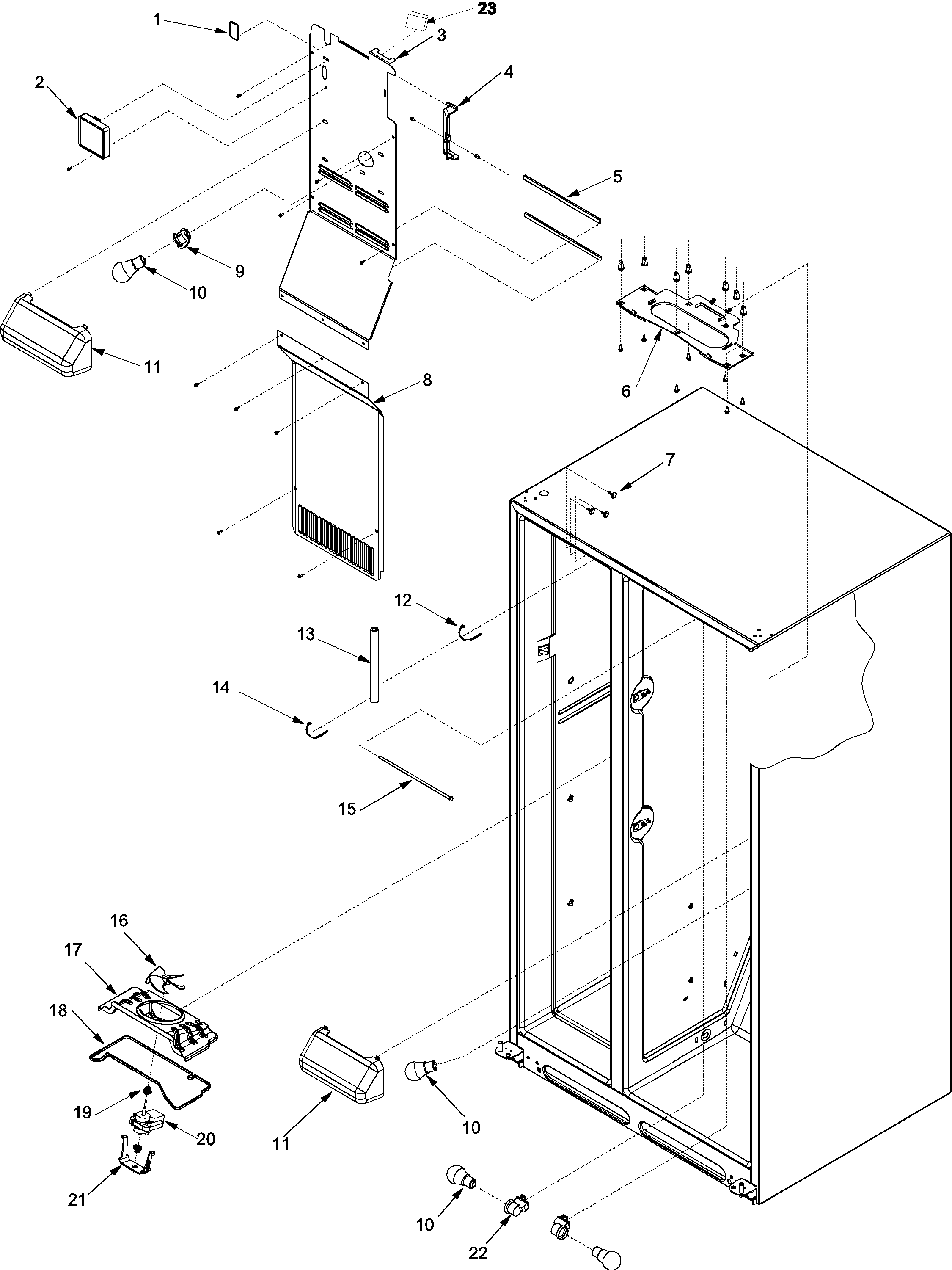 Amana XRSS204BB-PXRSS204BB1 evap fan assy and lights diagram