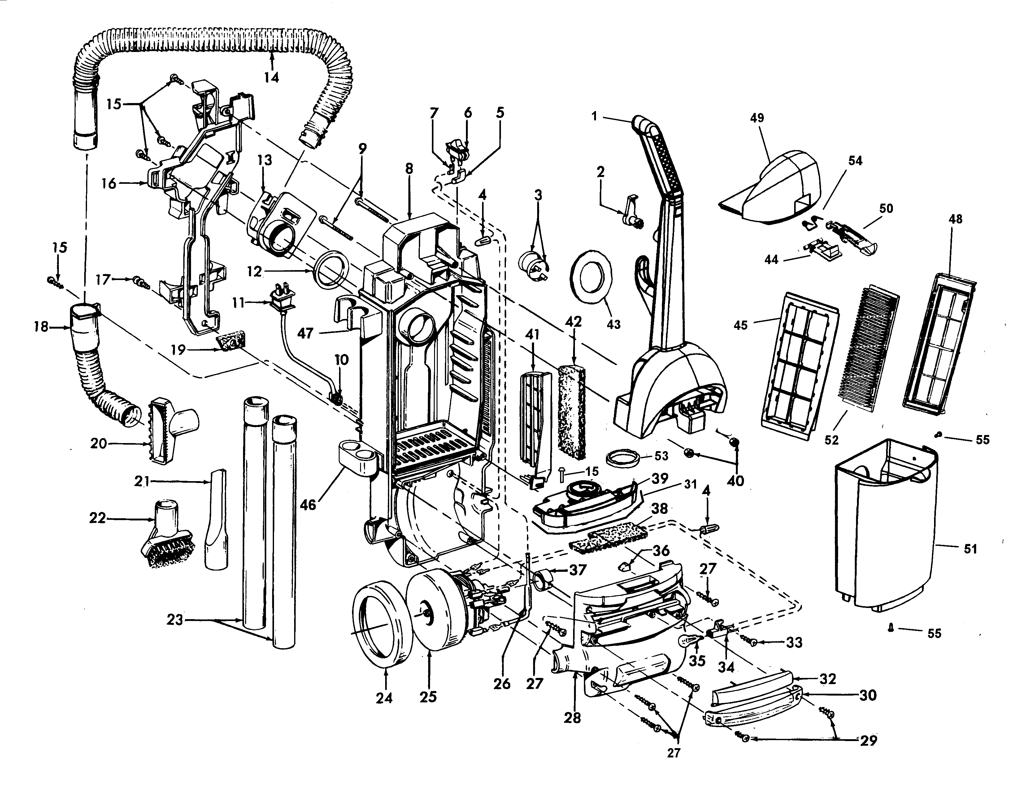 Hoover U5361-900 motor, handle, hose, outerbag diagram
