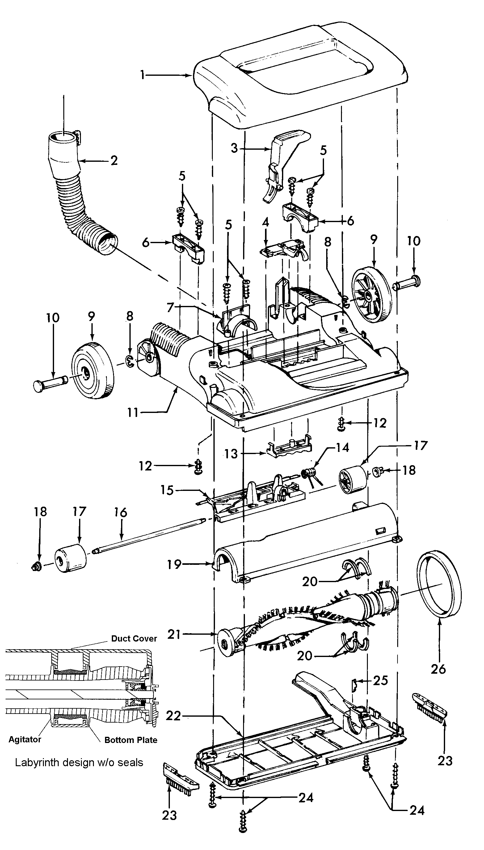 Hoover U5395-940 agitator, mainbody, hood diagram