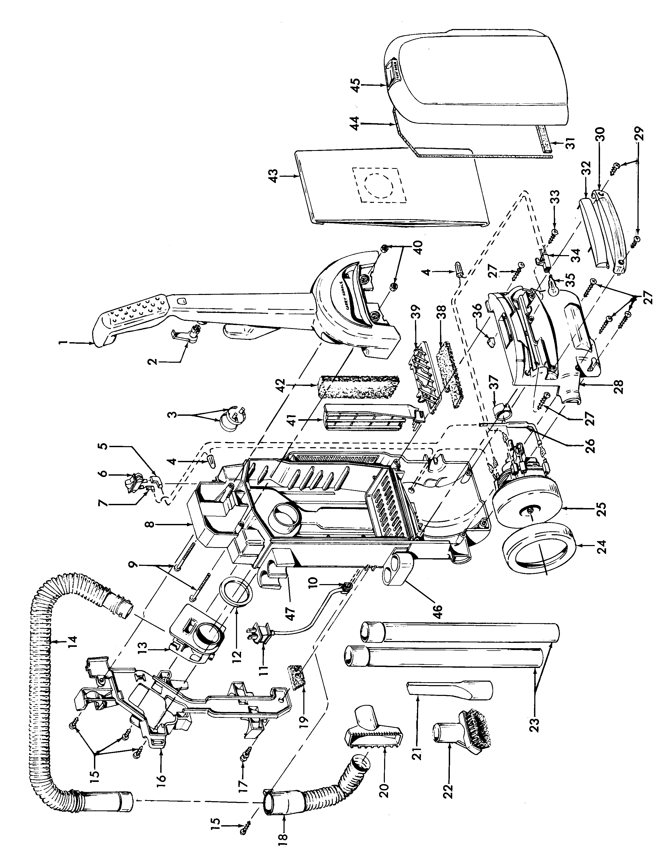 Hoover U5395-940 motor, cleaningtools, handle, outerbag diagram