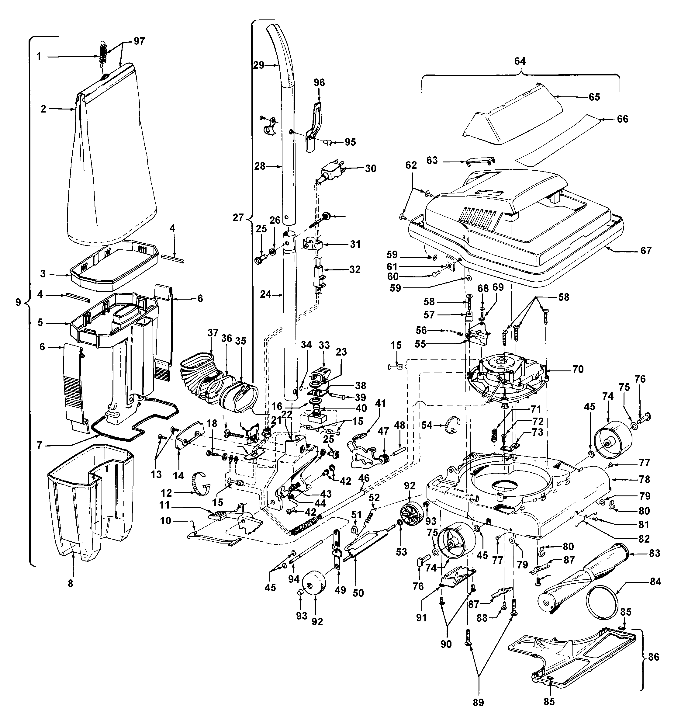 Hoover C1125--- agitator, handle, mainbody, outerbag diagram