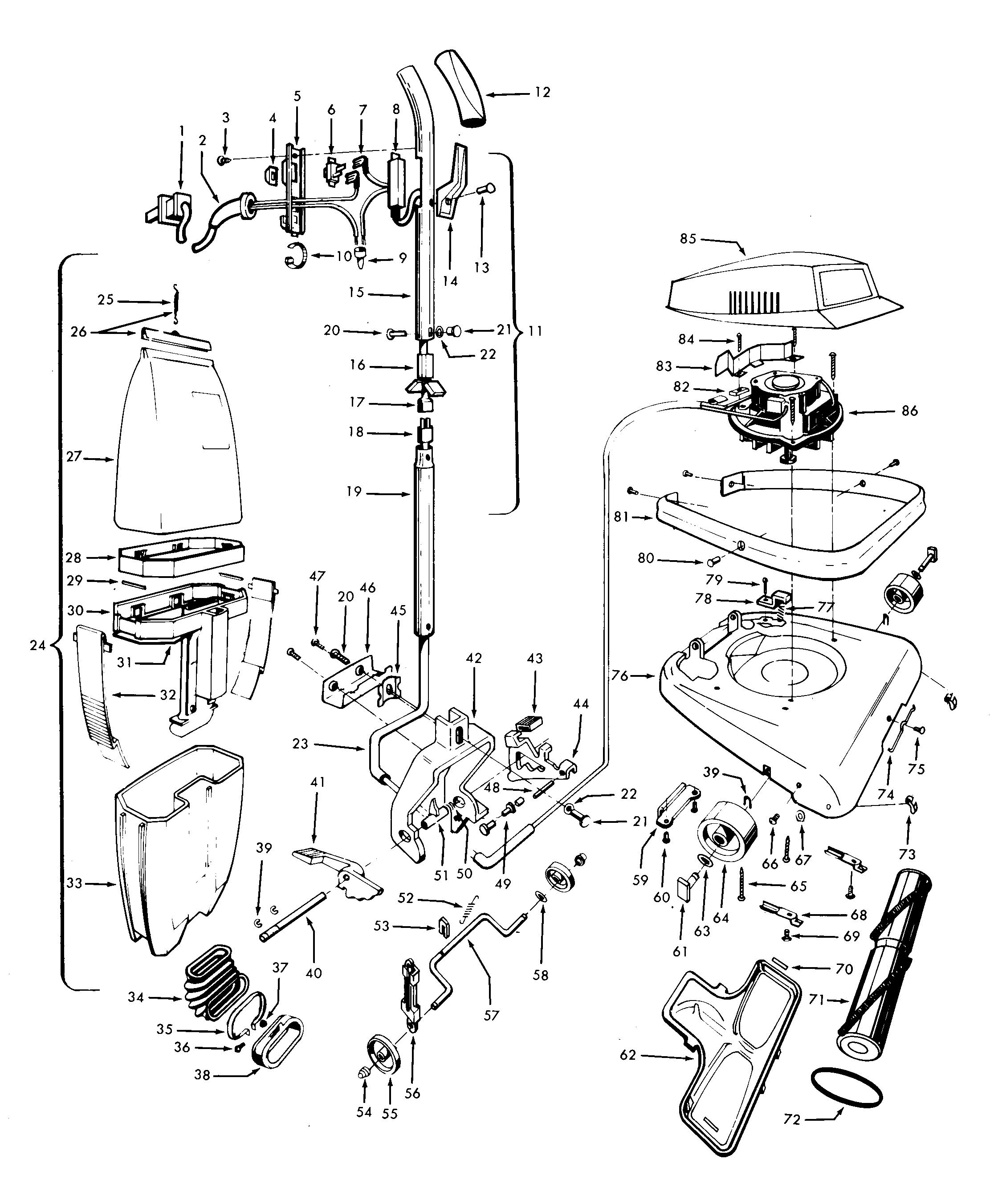 Hoover C1405--- agitator, handle, mainbody, outerbag diagram