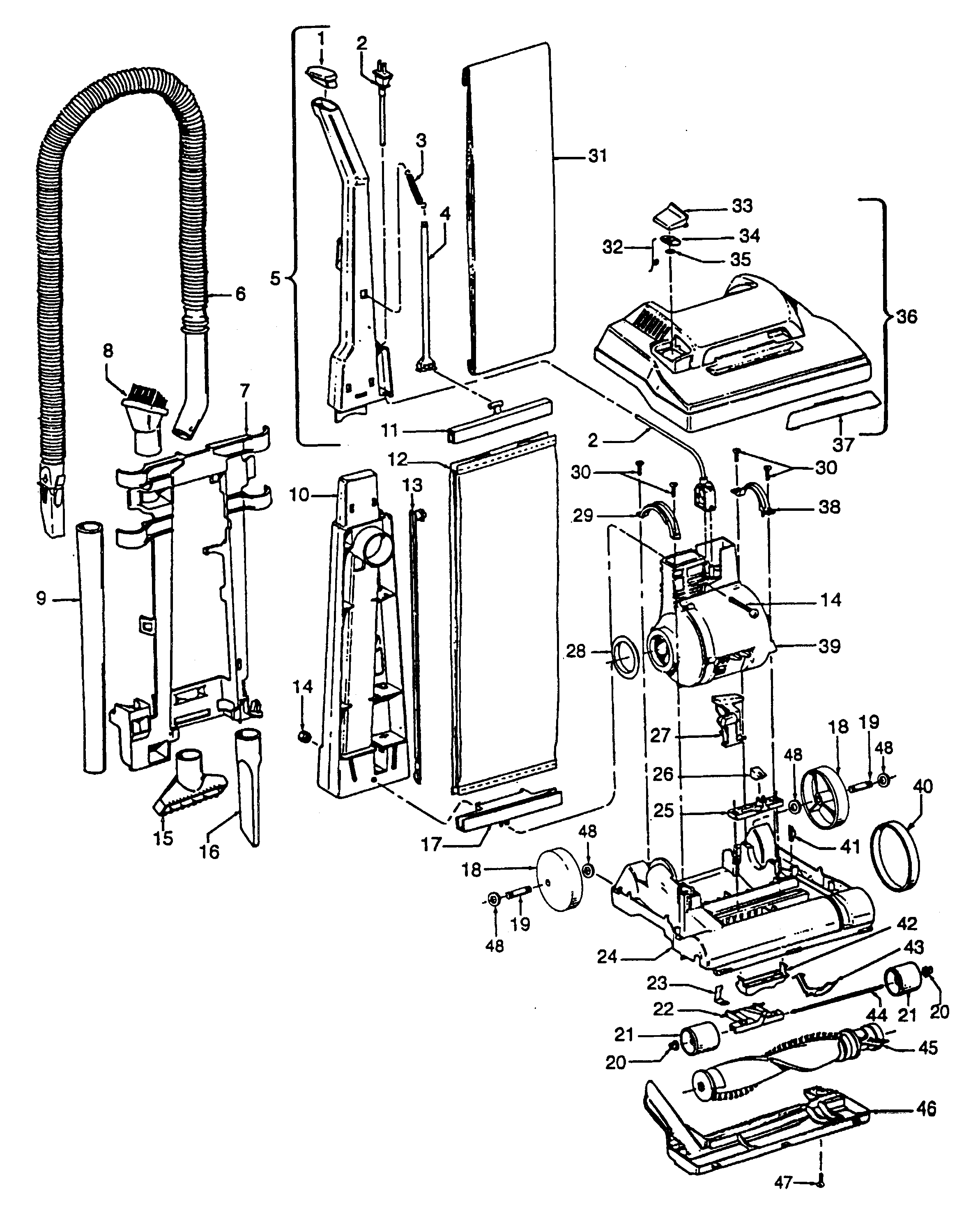 Hoover C1411930 mainbody, handle, outerbag diagram