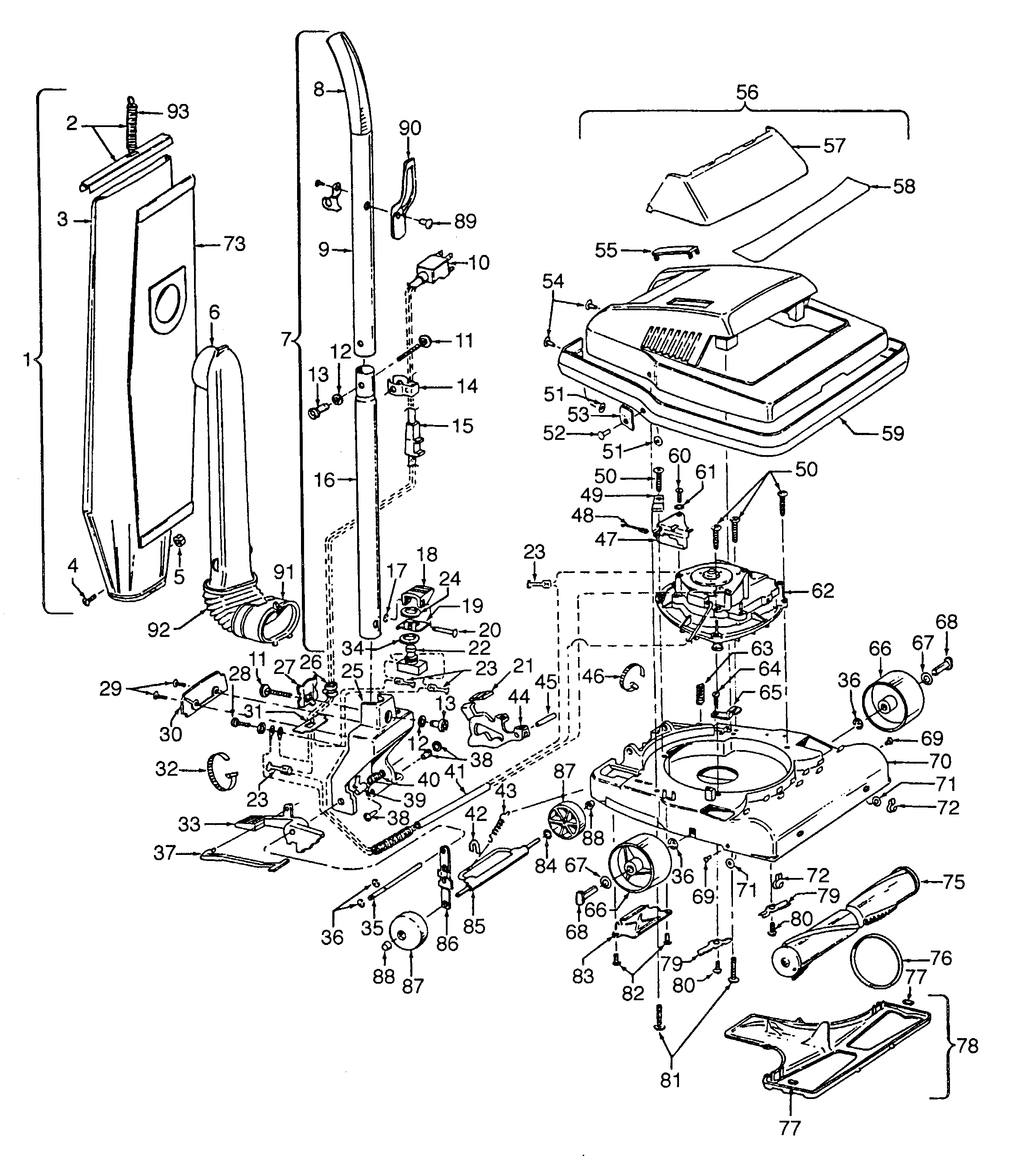 Hoover C1627--- agitator, handle, mainbody, outerbag diagram