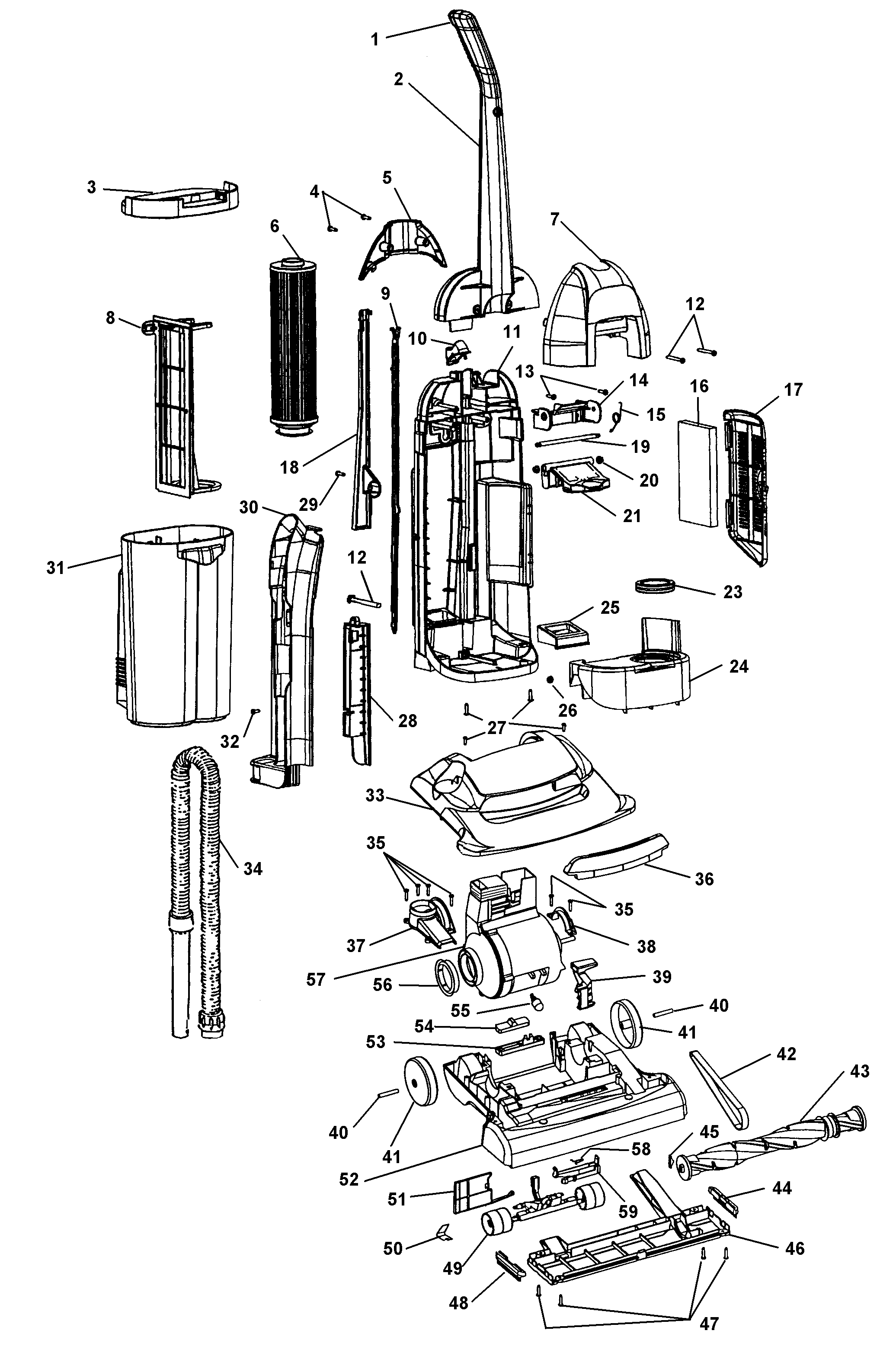 Hoover C1710900 mainbody, handle, agitator diagram