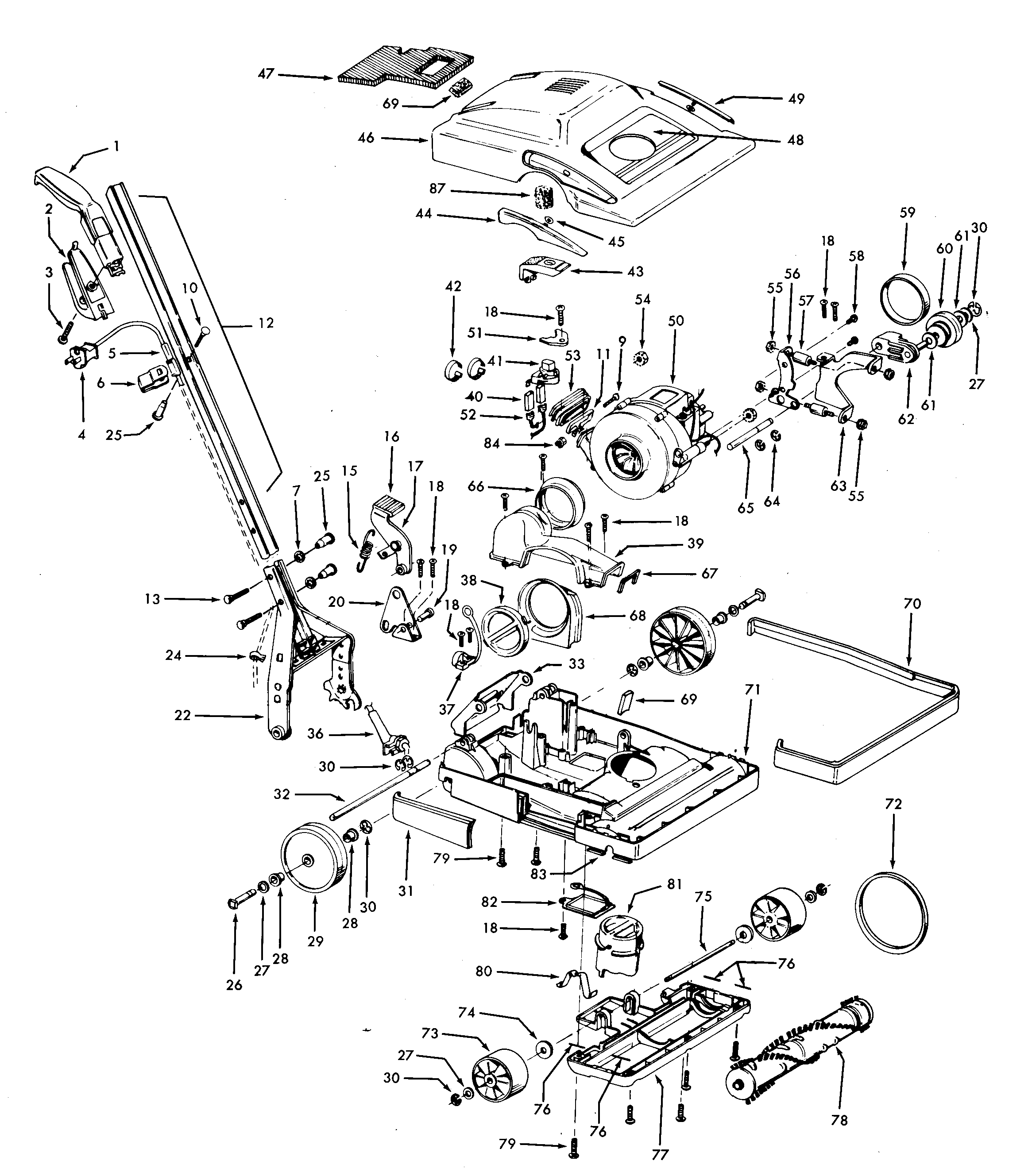 Hoover C1800016 agitator, motor, handle, mainbody, hood diagram