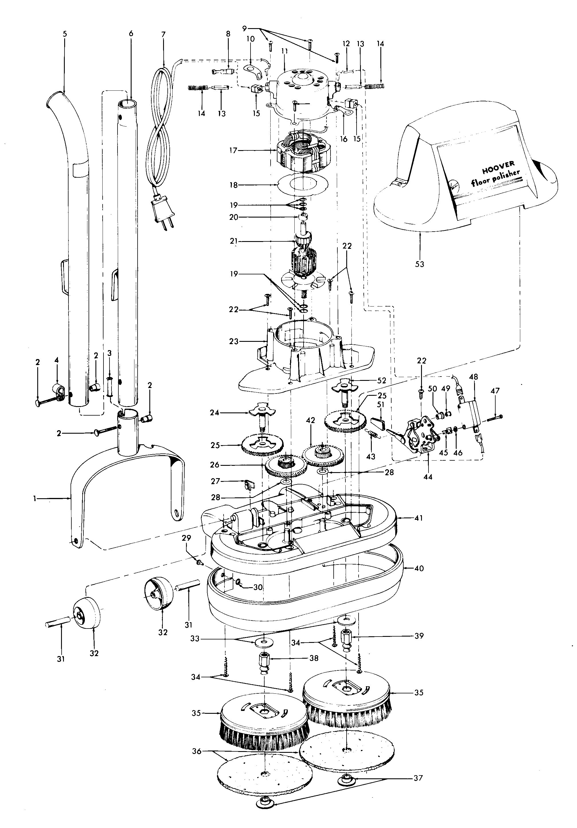 Hoover F2300 motor, handle, hood, switch, gears diagram