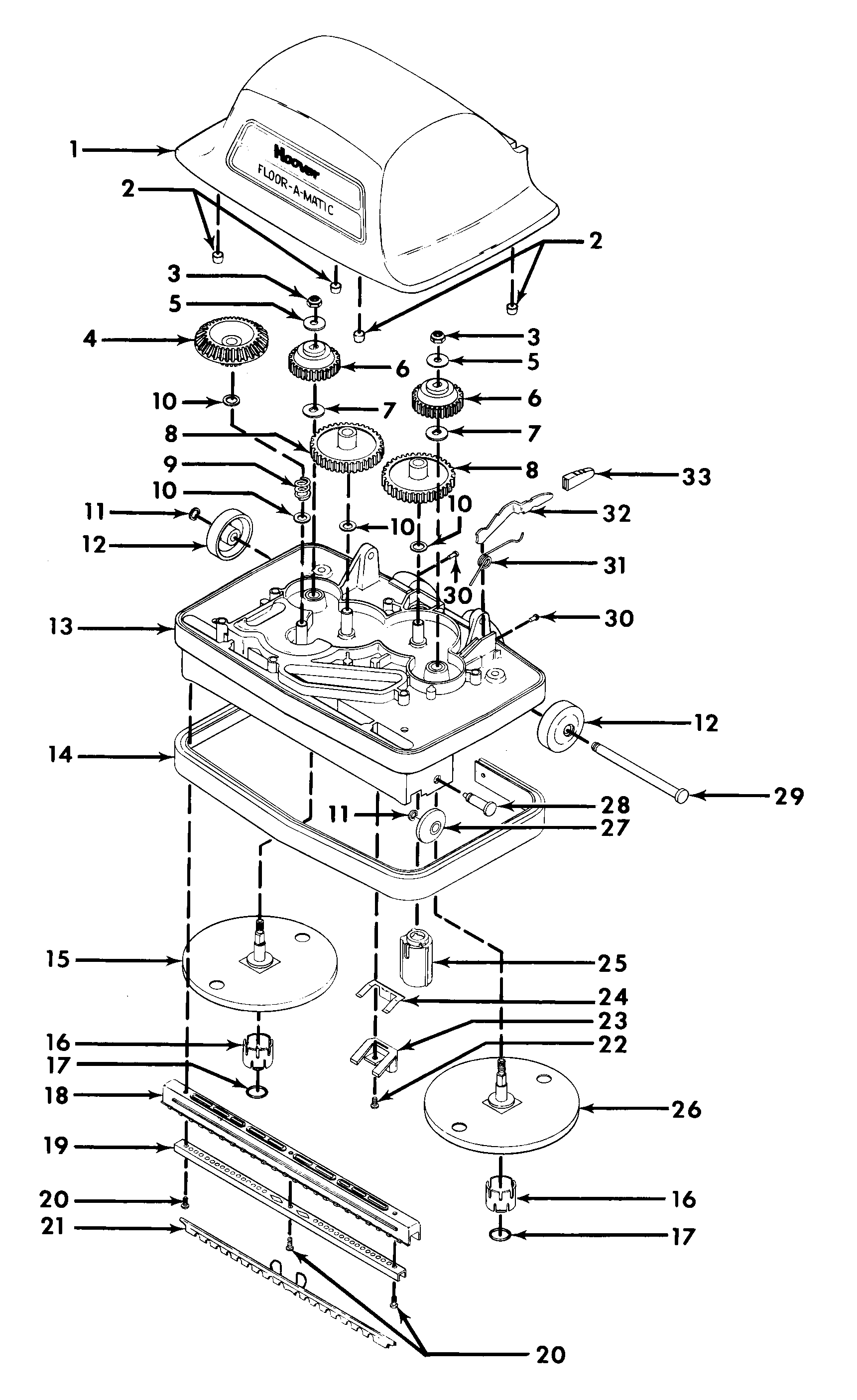 Hoover F5300 hood, brushcarriers, gears diagram