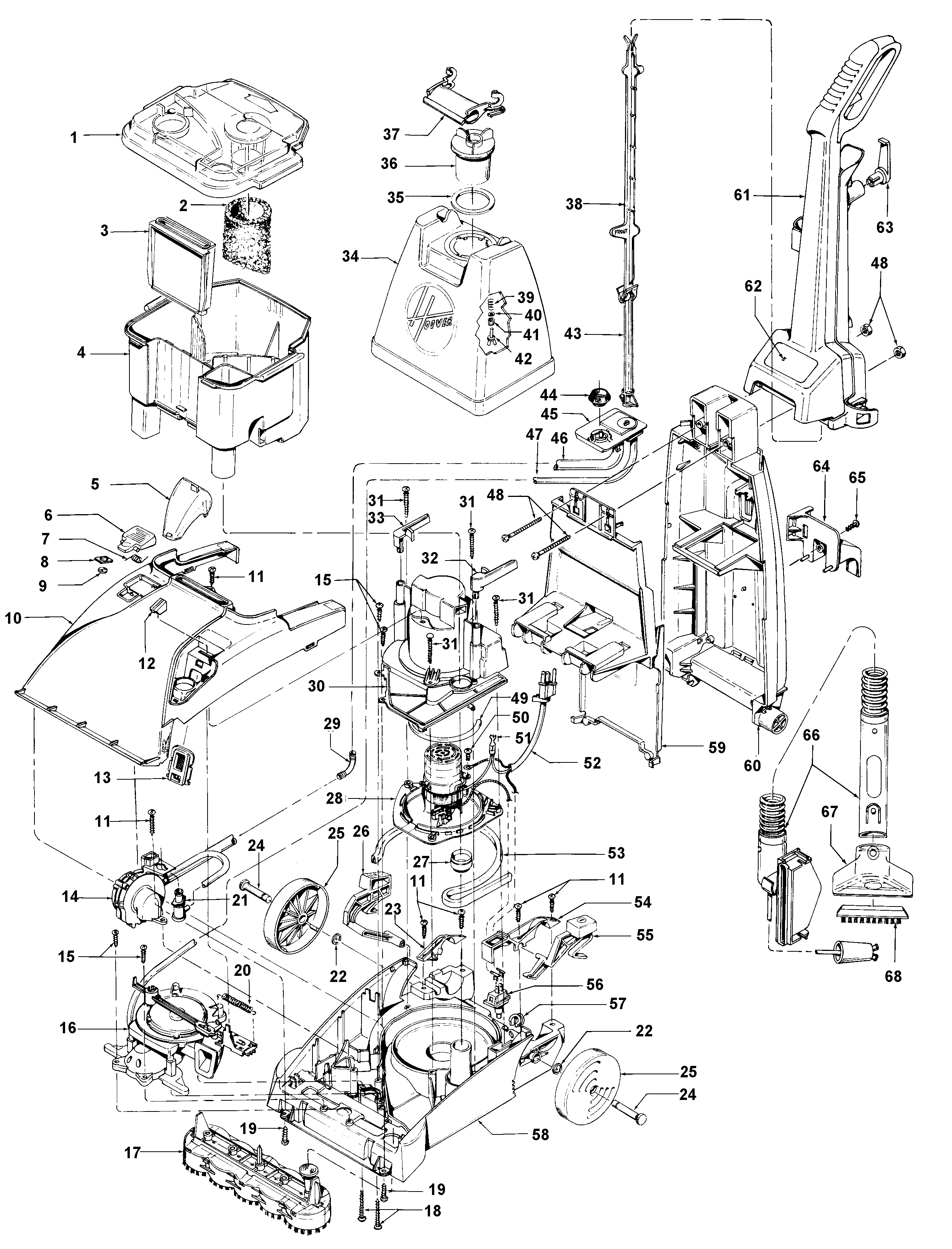 Hoover F5857-975 mainhousing, motor, hose, handle diagram