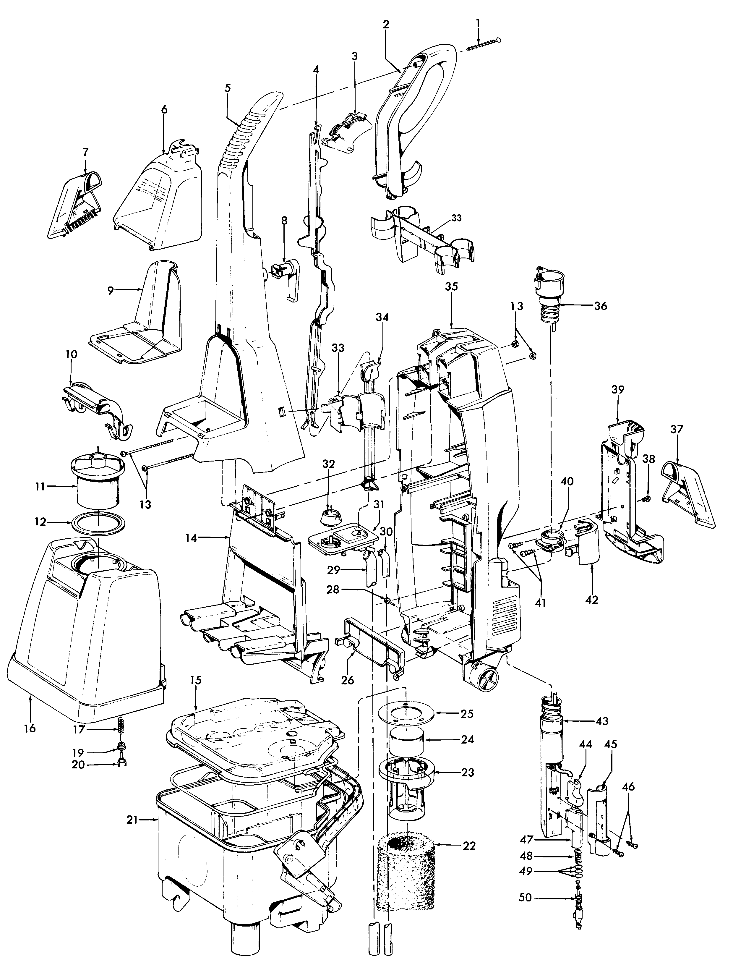 Hoover F5871-950 cleaningtools, handle, tank, switch diagram