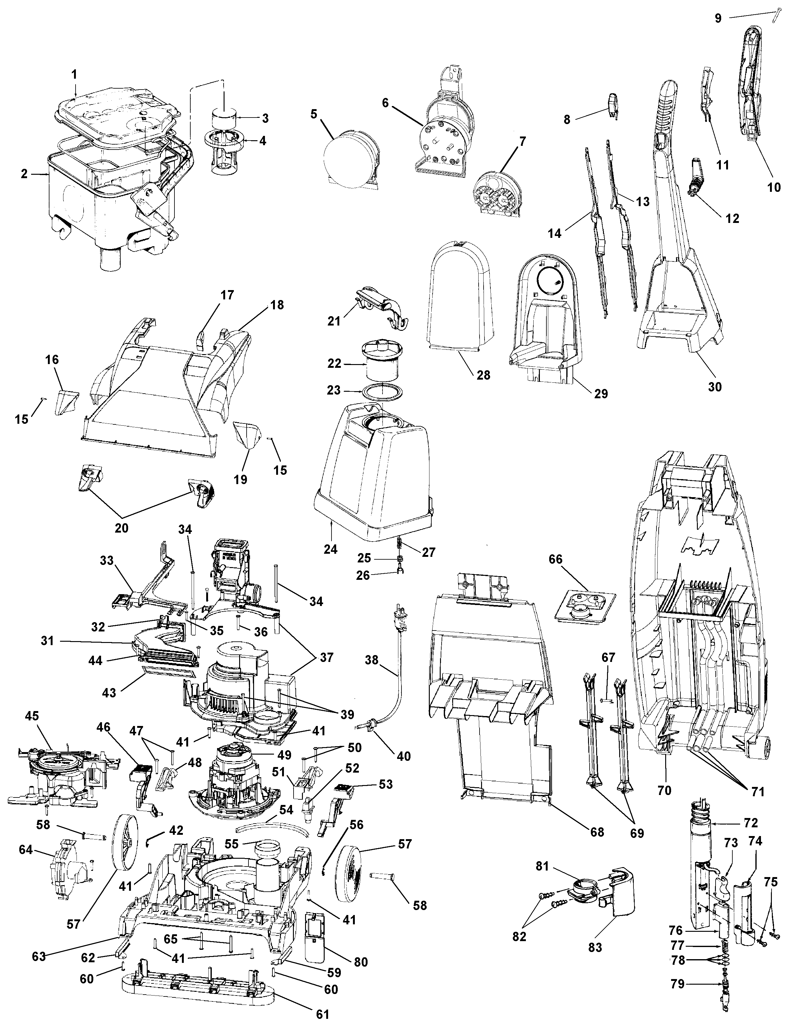 Hoover F6027900 motor, handle, tank, pump, hood, switch diagram