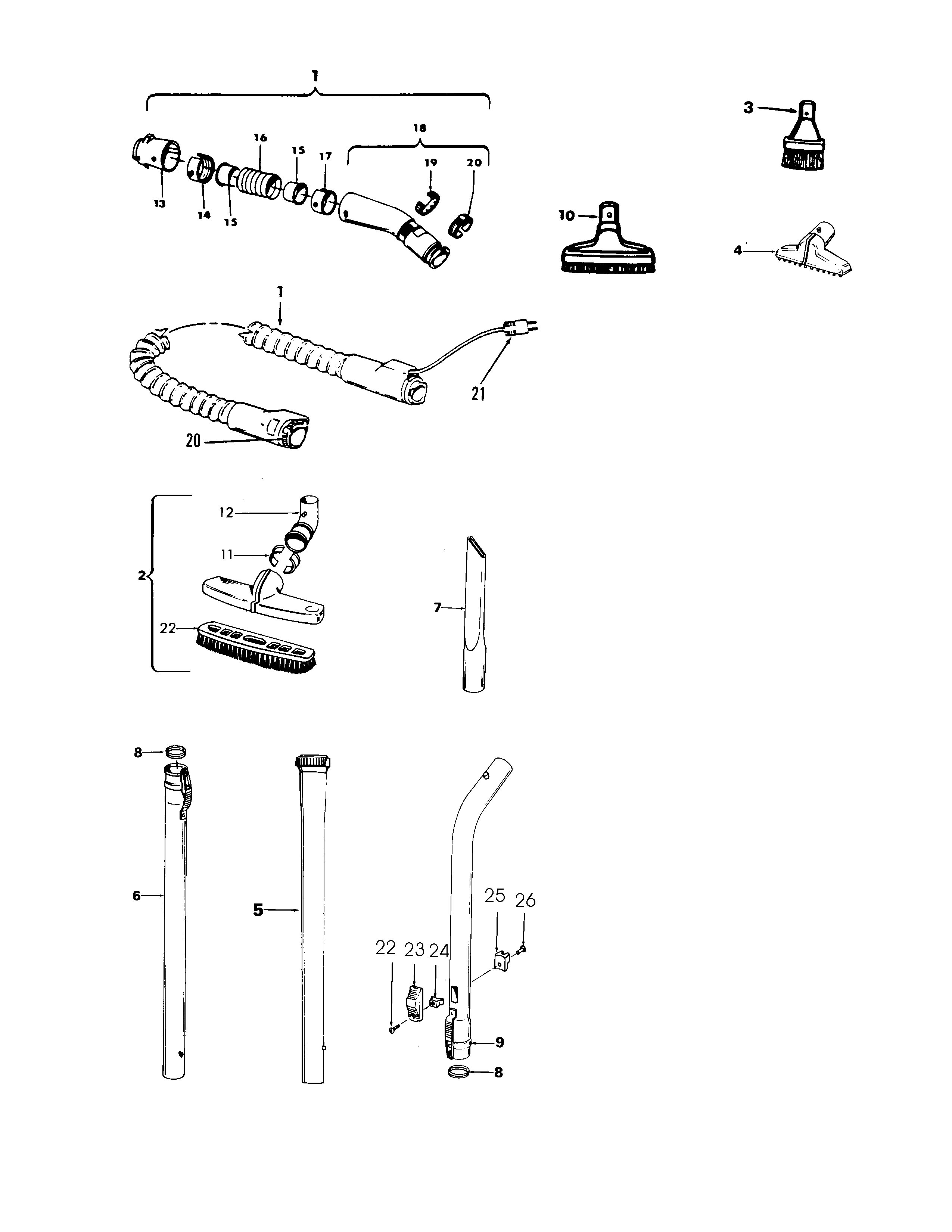 Hoover S3009 hose, cleaningtools diagram
