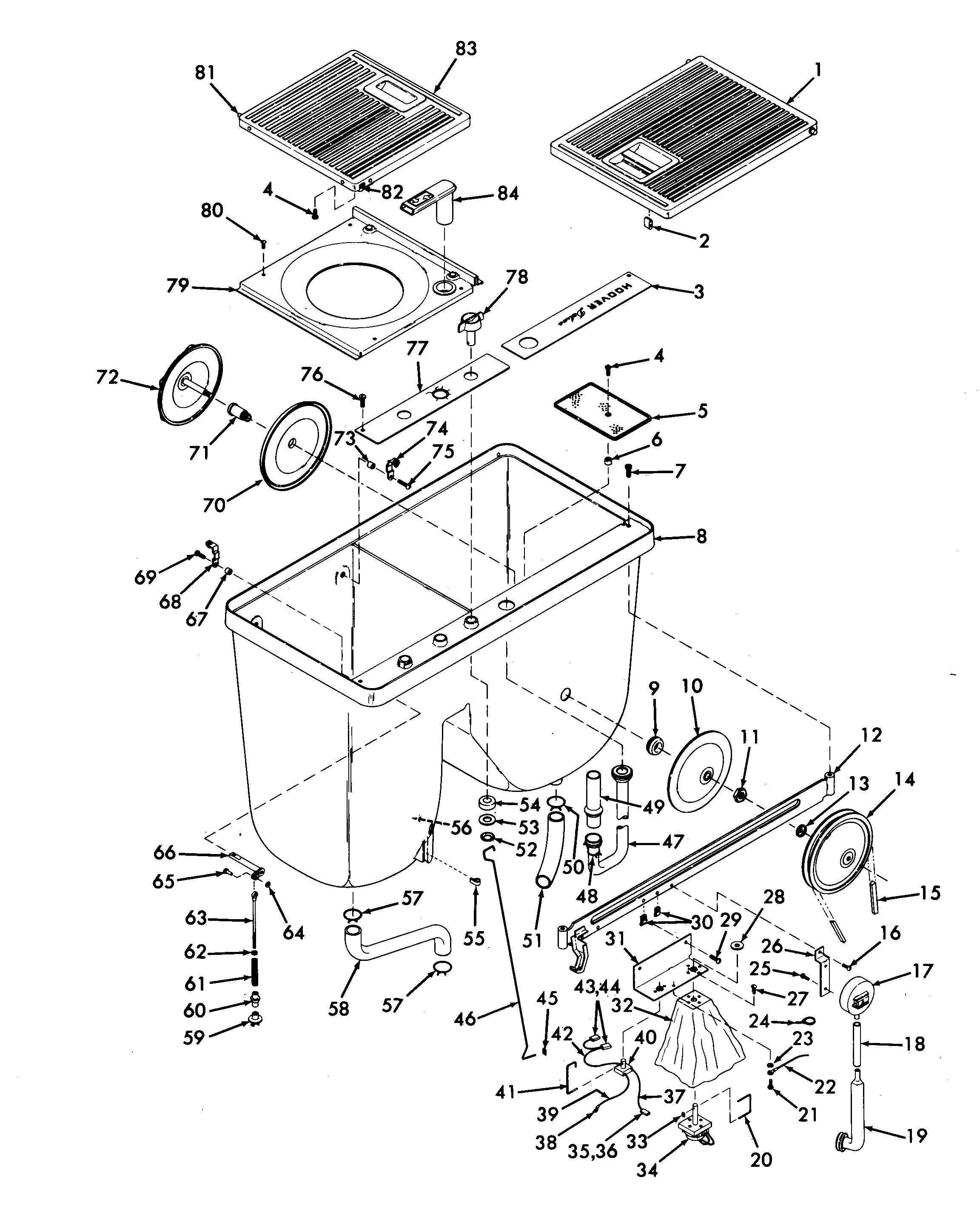 Hoover T1023-2 pump, pulsatorbelt, hoses, microswitch diagram