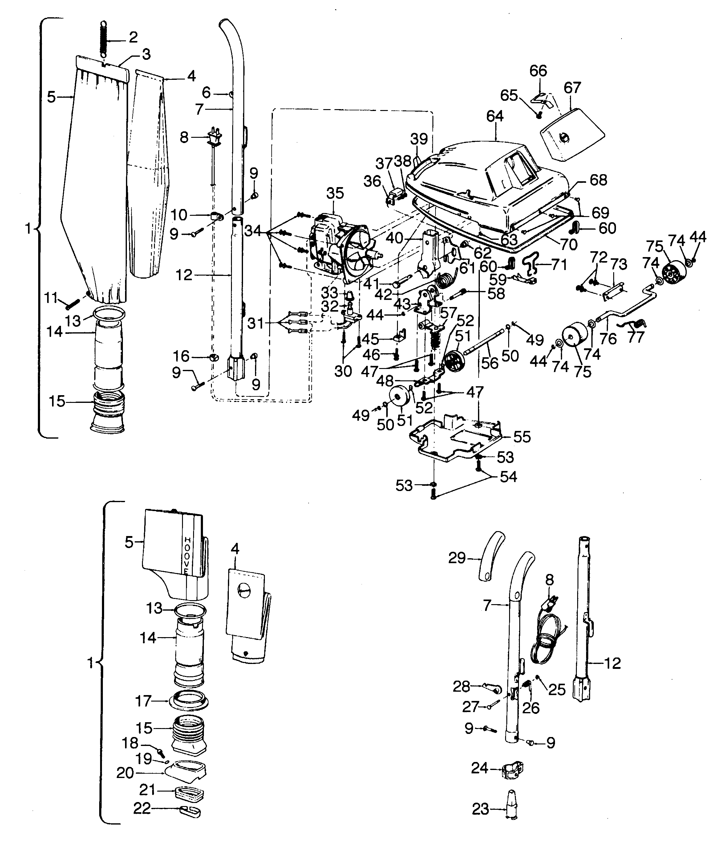 Hoover U1025--- handle, outerbag, hood diagram